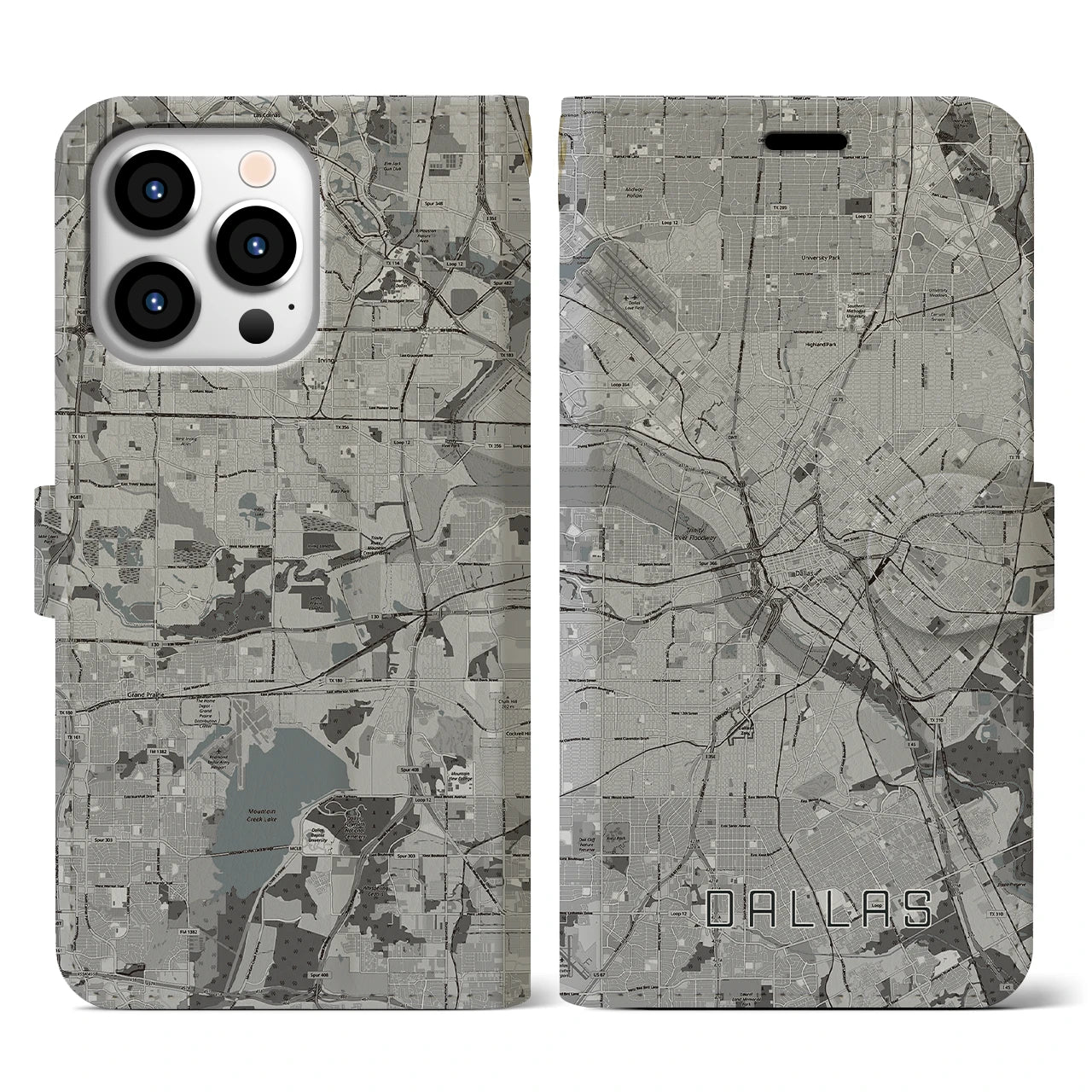 【ダラス(アメリカ)】地図柄iPhoneケース(手帳タイプ)モノトーン・iPhone 13 Pro 用