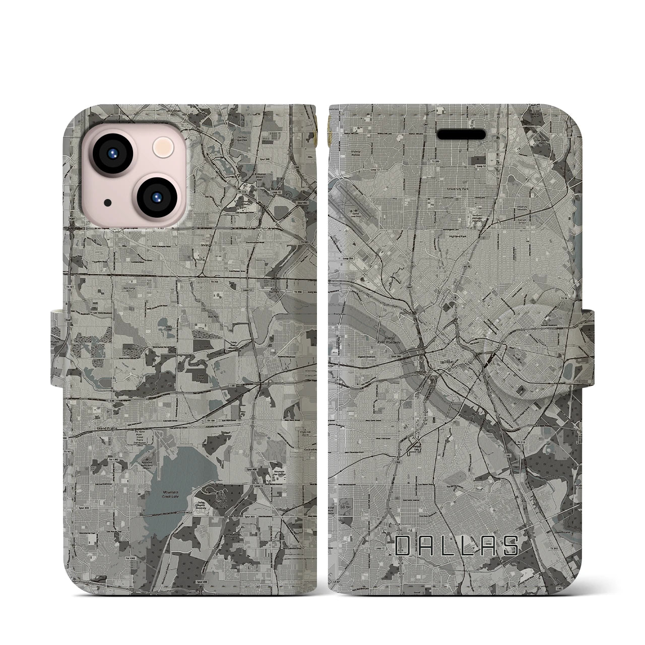 【ダラス(アメリカ)】地図柄iPhoneケース(手帳タイプ)モノトーン・iPhone 13 mini 用