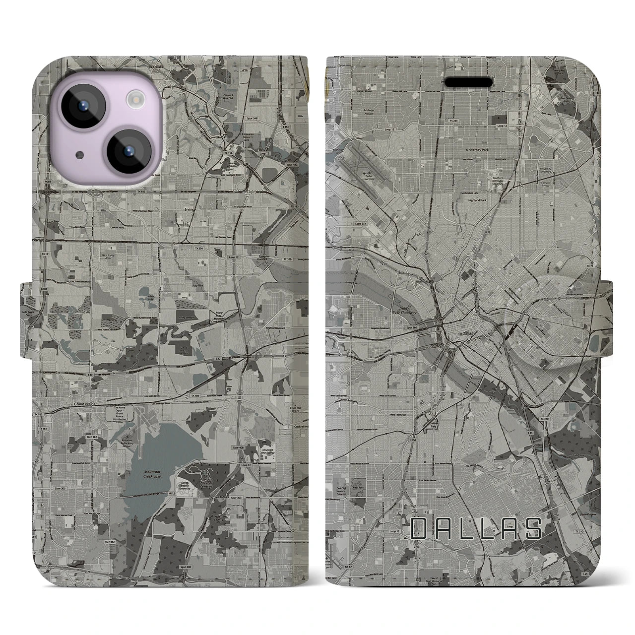 【ダラス(アメリカ)】地図柄iPhoneケース(手帳タイプ)モノトーン・iPhone 14 用