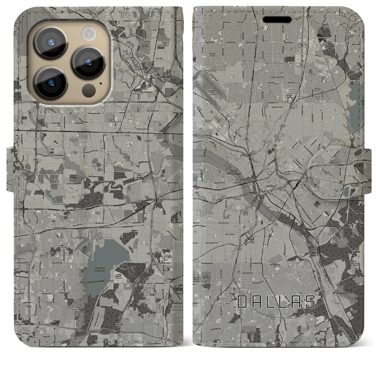 【ダラス(アメリカ)】地図柄iPhoneケース(手帳タイプ)モノトーン・iPhone 14 Pro Max 用