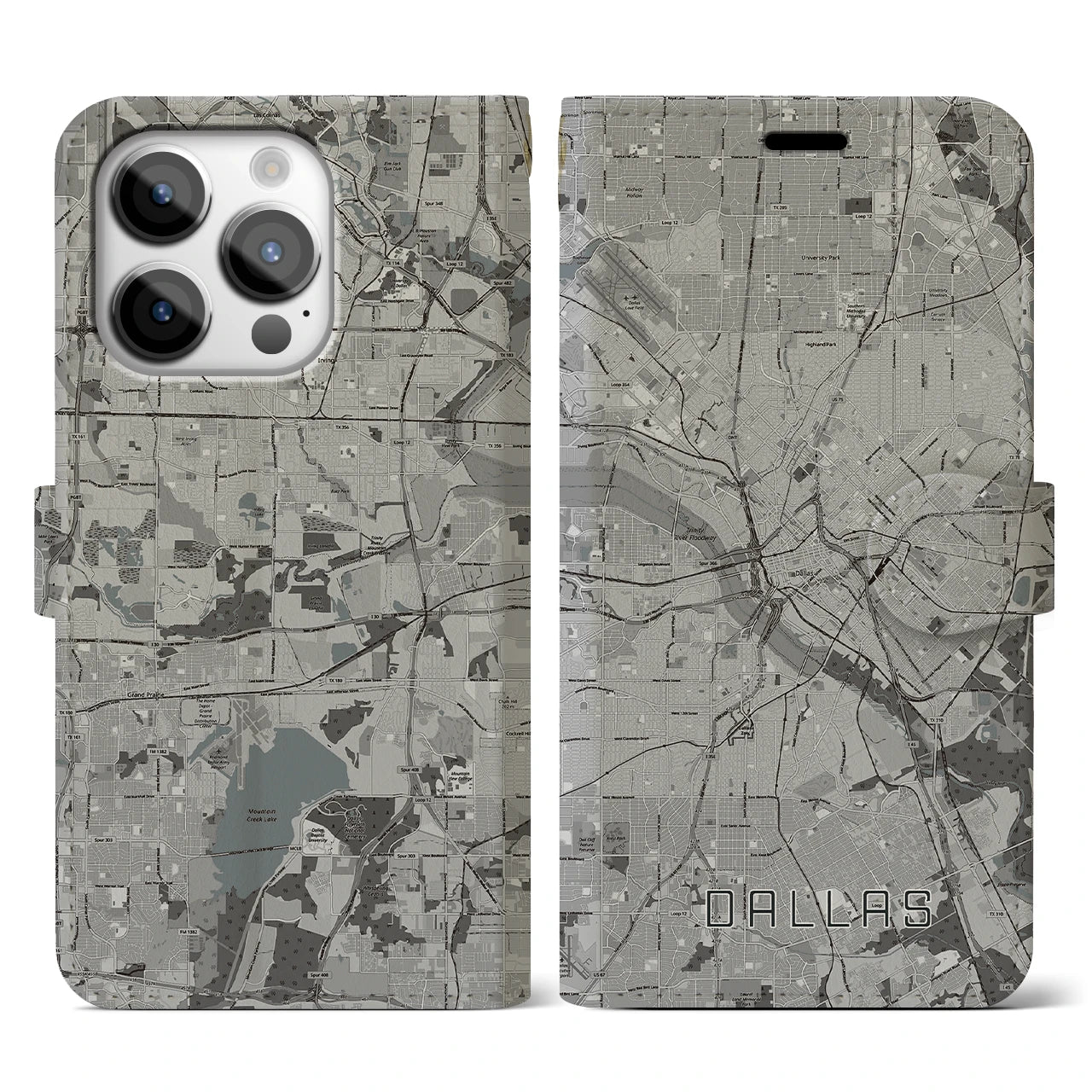 【ダラス(アメリカ)】地図柄iPhoneケース(手帳タイプ)モノトーン・iPhone 14 Pro 用