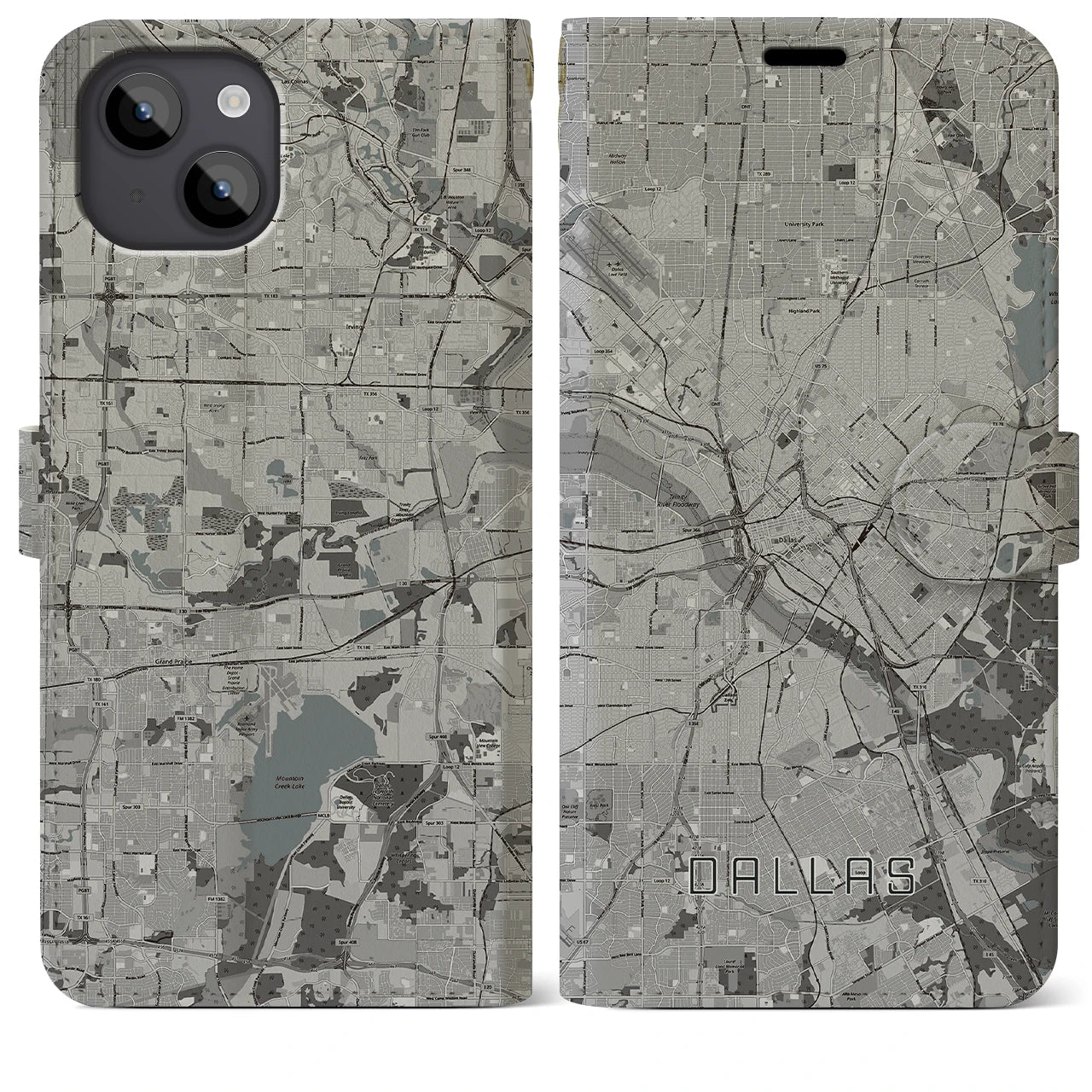【ダラス(アメリカ)】地図柄iPhoneケース(手帳タイプ)モノトーン・iPhone 14 Plus 用