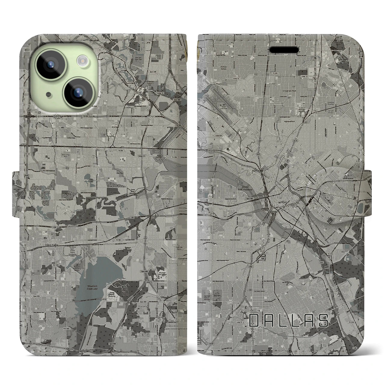 【ダラス(アメリカ)】地図柄iPhoneケース(手帳タイプ)モノトーン・iPhone 15 用