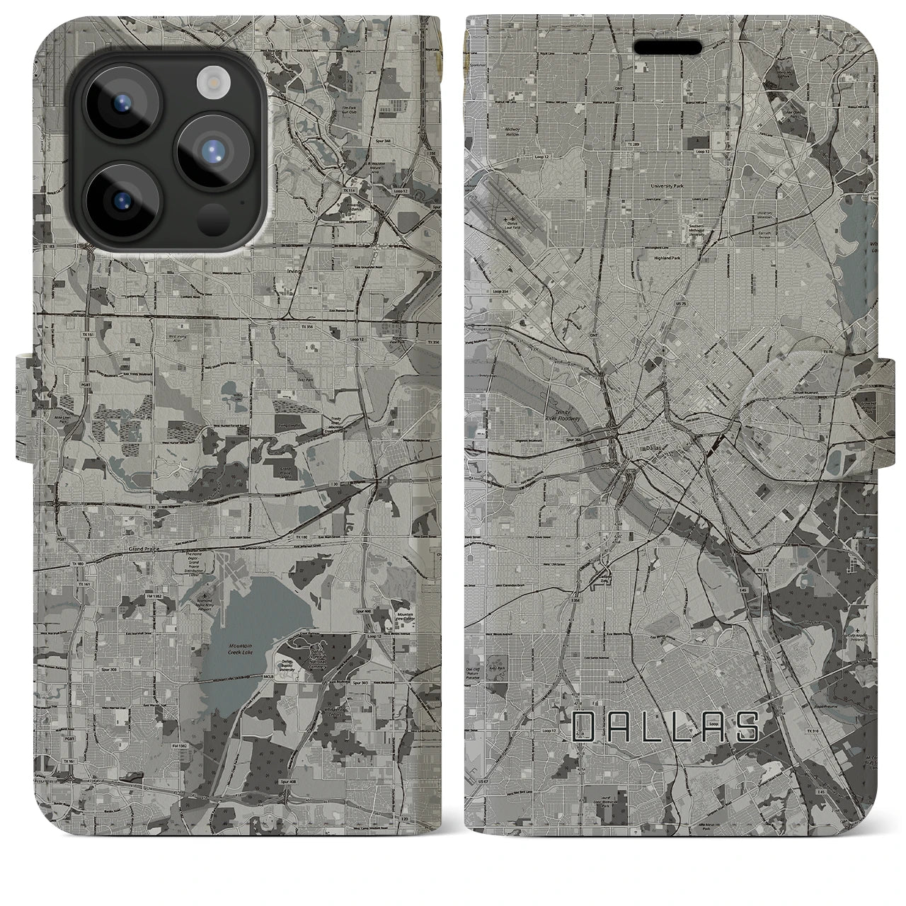 【ダラス(アメリカ)】地図柄iPhoneケース(手帳タイプ)モノトーン・iPhone 15 Pro Max 用