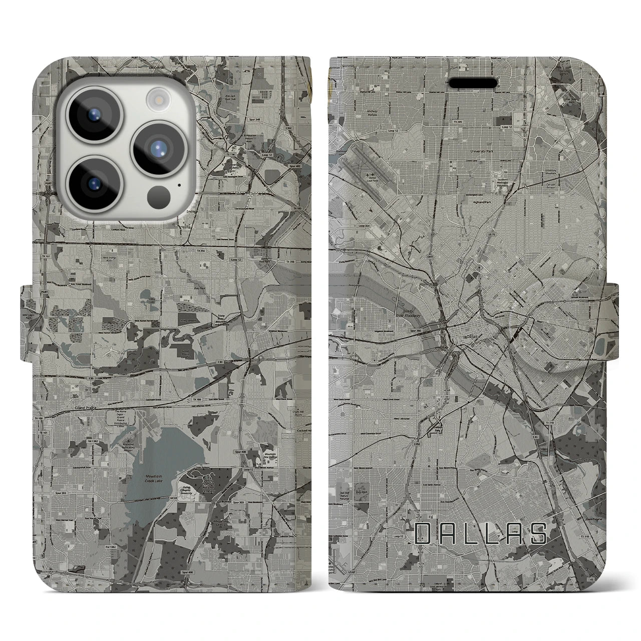 【ダラス(アメリカ)】地図柄iPhoneケース(手帳タイプ)モノトーン・iPhone 15 Pro 用
