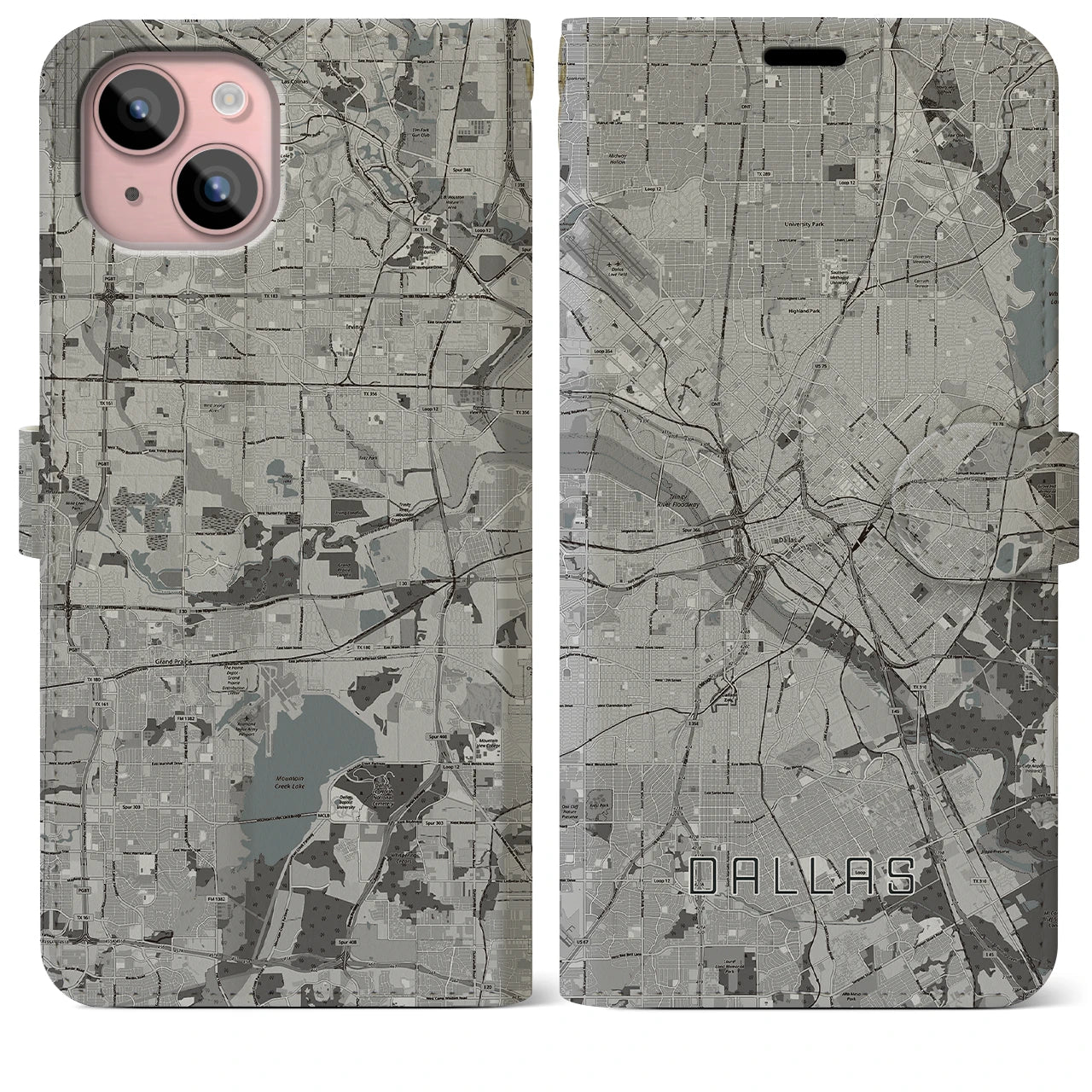 【ダラス(アメリカ)】地図柄iPhoneケース(手帳タイプ)モノトーン・iPhone 15 Plus 用