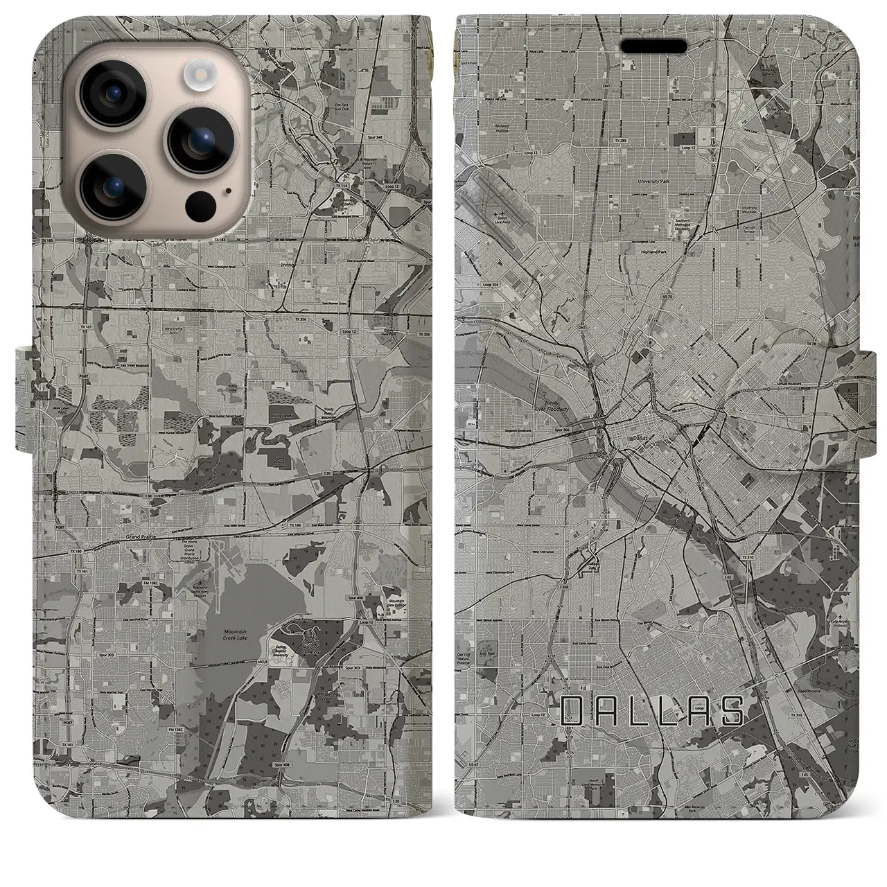 【ダラス(アメリカ)】地図柄iPhoneケース(手帳タイプ)モノトーン・iPhone 16 Plus 用