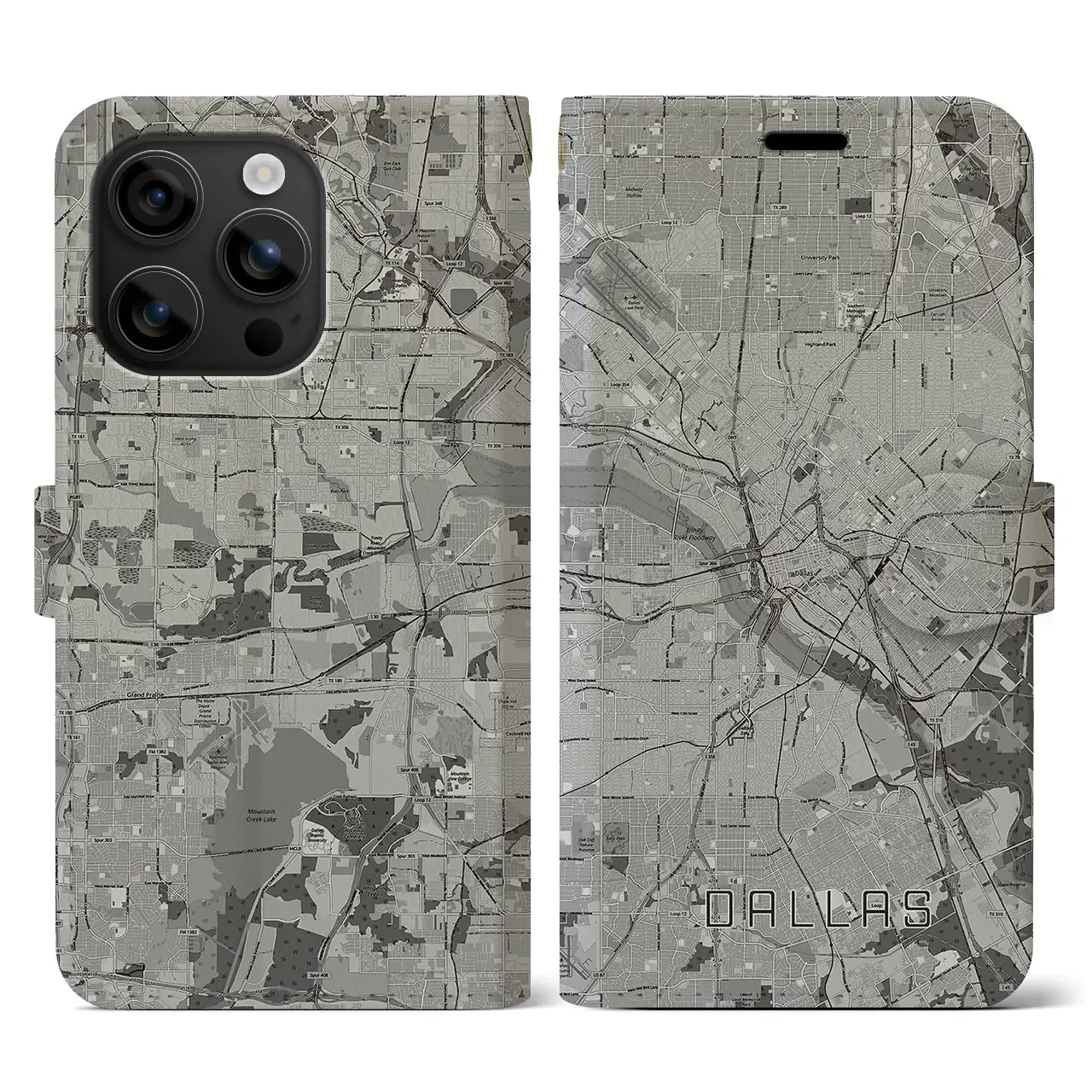 【ダラス(アメリカ)】地図柄iPhoneケース(手帳タイプ)モノトーン・iPhone 16 用