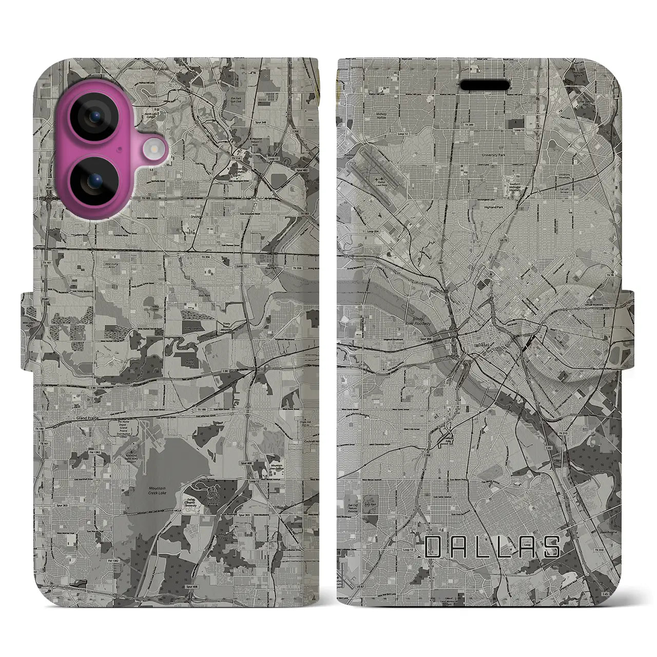 【ダラス(アメリカ)】地図柄iPhoneケース(手帳タイプ)モノトーン・iPhone 16 Pro 用