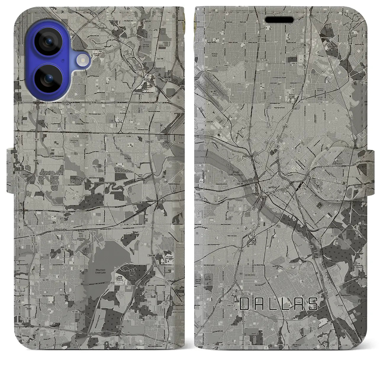 【ダラス(アメリカ)】地図柄iPhoneケース(手帳タイプ)モノトーン・iPhone 16 Pro Max 用