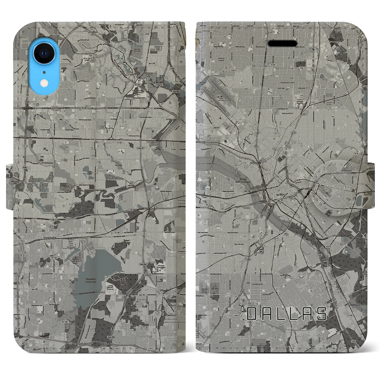 【ダラス(アメリカ)】地図柄iPhoneケース(手帳タイプ)モノトーン・iPhone XR 用