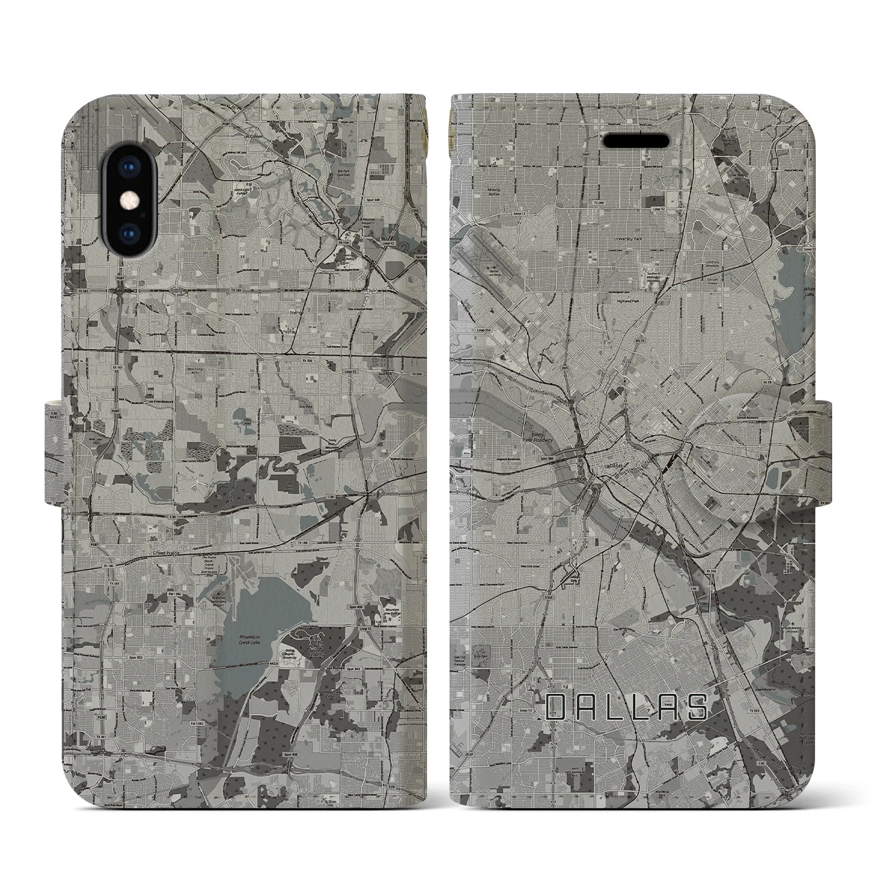 【ダラス(アメリカ)】地図柄iPhoneケース(手帳タイプ)モノトーン・iPhone XS / X 用