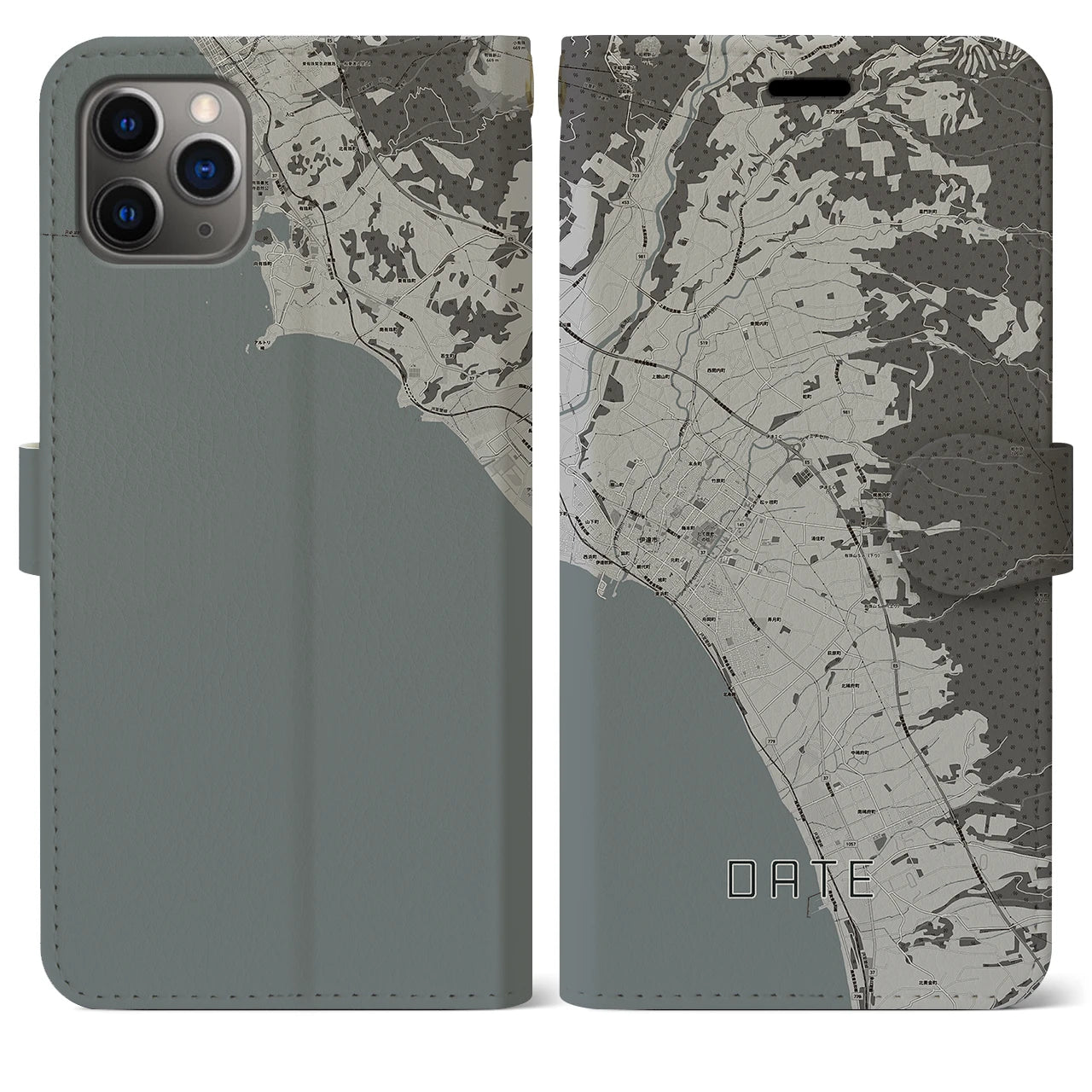 【伊達(北海道)】地図柄iPhoneケース(手帳タイプ)モノトーン・iPhone 11 Pro Max 用