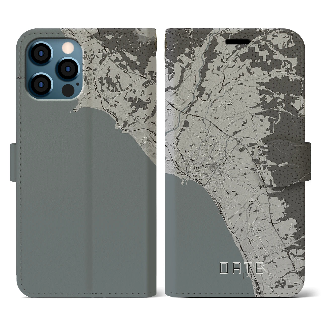 【伊達(北海道)】地図柄iPhoneケース(手帳タイプ)モノトーン・iPhone 12 / 12 Pro 用