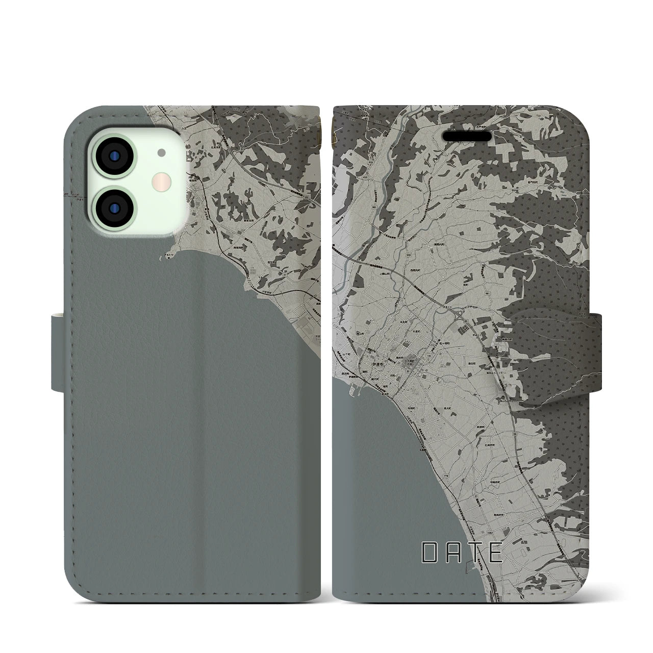 【伊達(北海道)】地図柄iPhoneケース(手帳タイプ)モノトーン・iPhone 12 mini 用