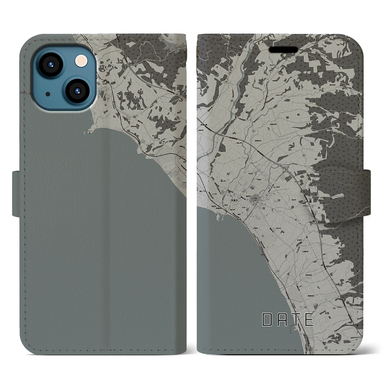 【伊達(北海道)】地図柄iPhoneケース(手帳タイプ)モノトーン・iPhone 13 用