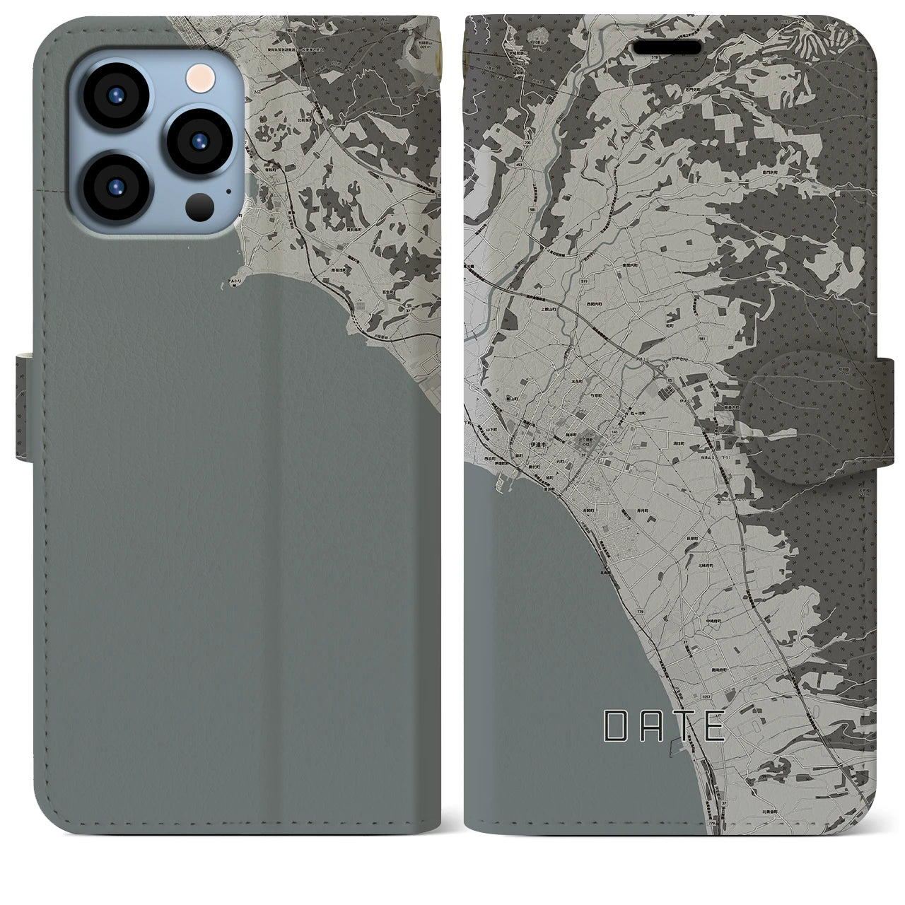 【伊達(北海道)】地図柄iPhoneケース(手帳タイプ)モノトーン・iPhone 13 Pro Max 用