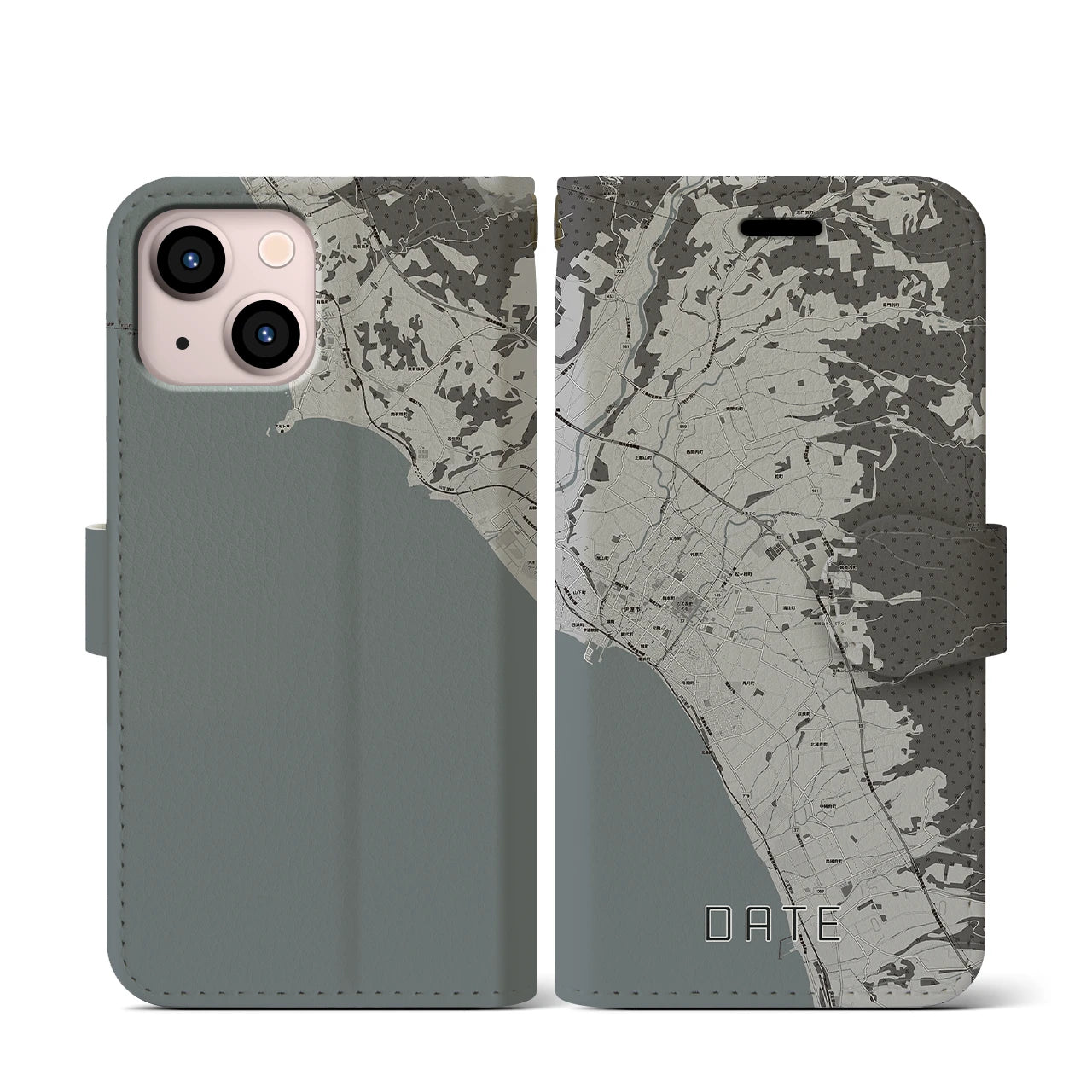 【伊達(北海道)】地図柄iPhoneケース(手帳タイプ)モノトーン・iPhone 13 mini 用