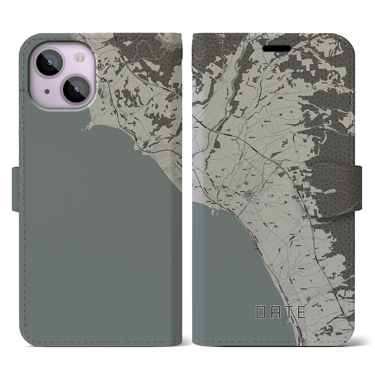 【伊達(北海道)】地図柄iPhoneケース(手帳タイプ)モノトーン・iPhone 14 用