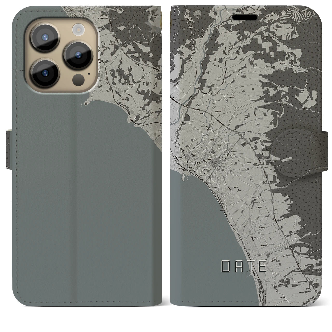 【伊達(北海道)】地図柄iPhoneケース(手帳タイプ)モノトーン・iPhone 14 Pro Max 用