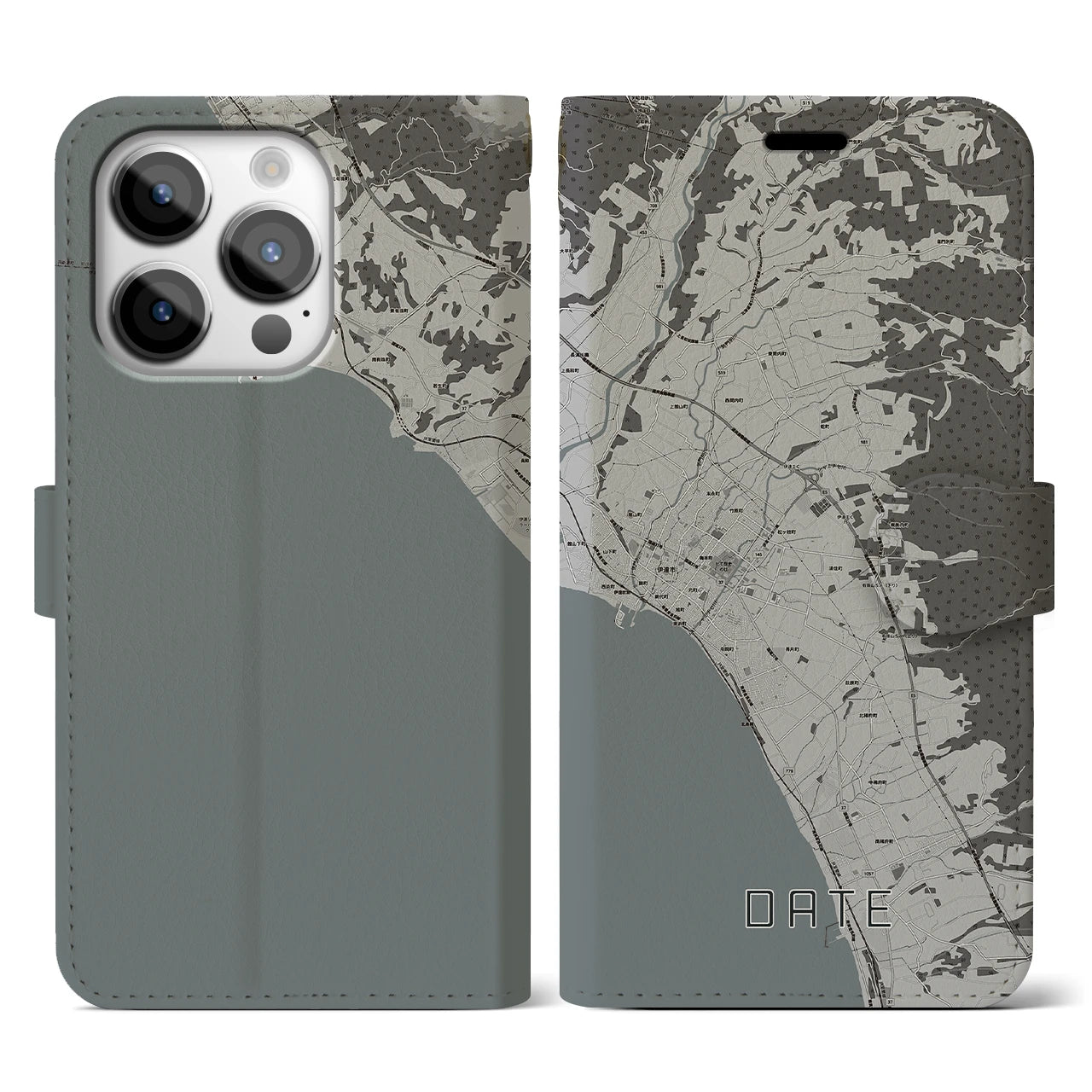 【伊達(北海道)】地図柄iPhoneケース(手帳タイプ)モノトーン・iPhone 14 Pro 用