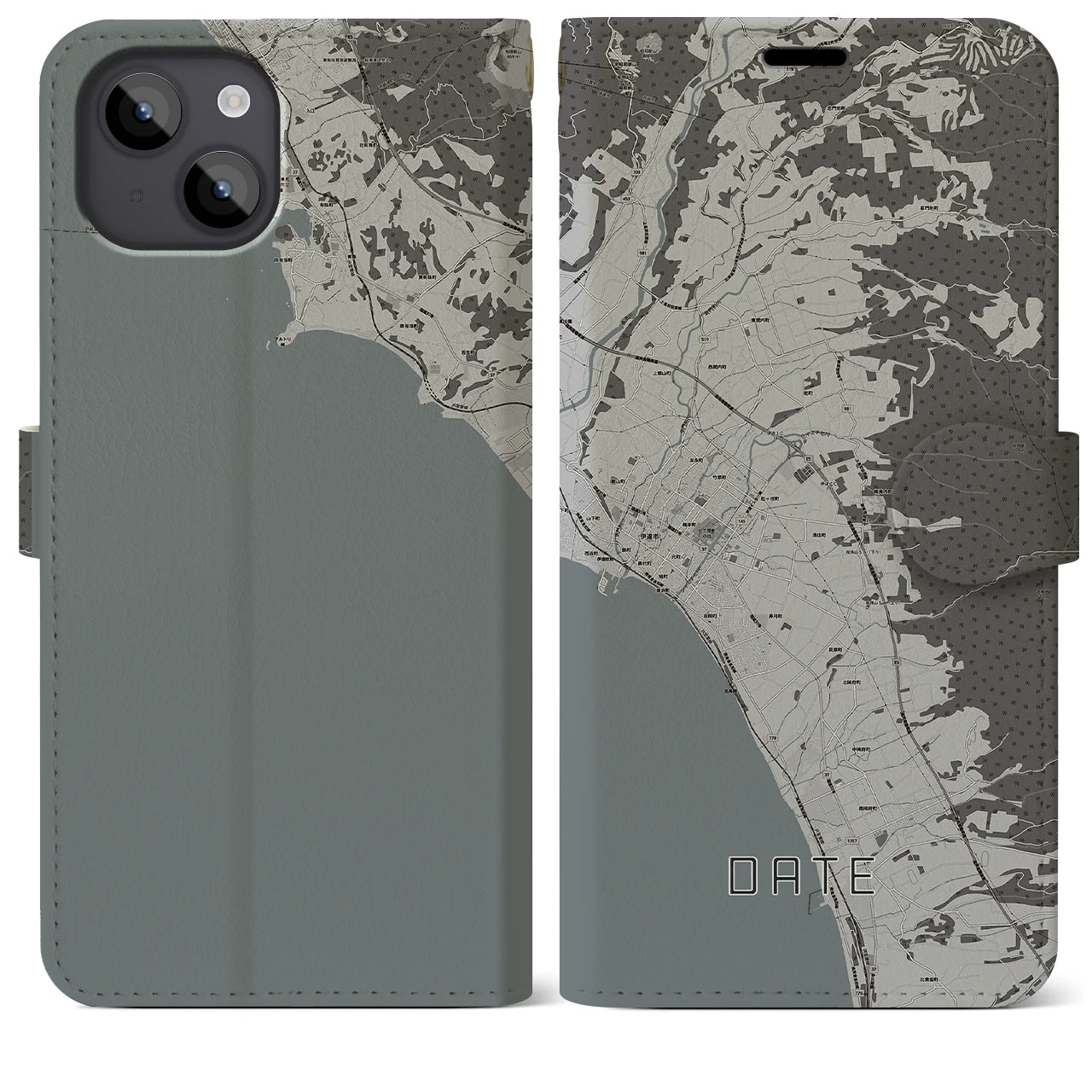 【伊達(北海道)】地図柄iPhoneケース(手帳タイプ)モノトーン・iPhone 14 Plus 用