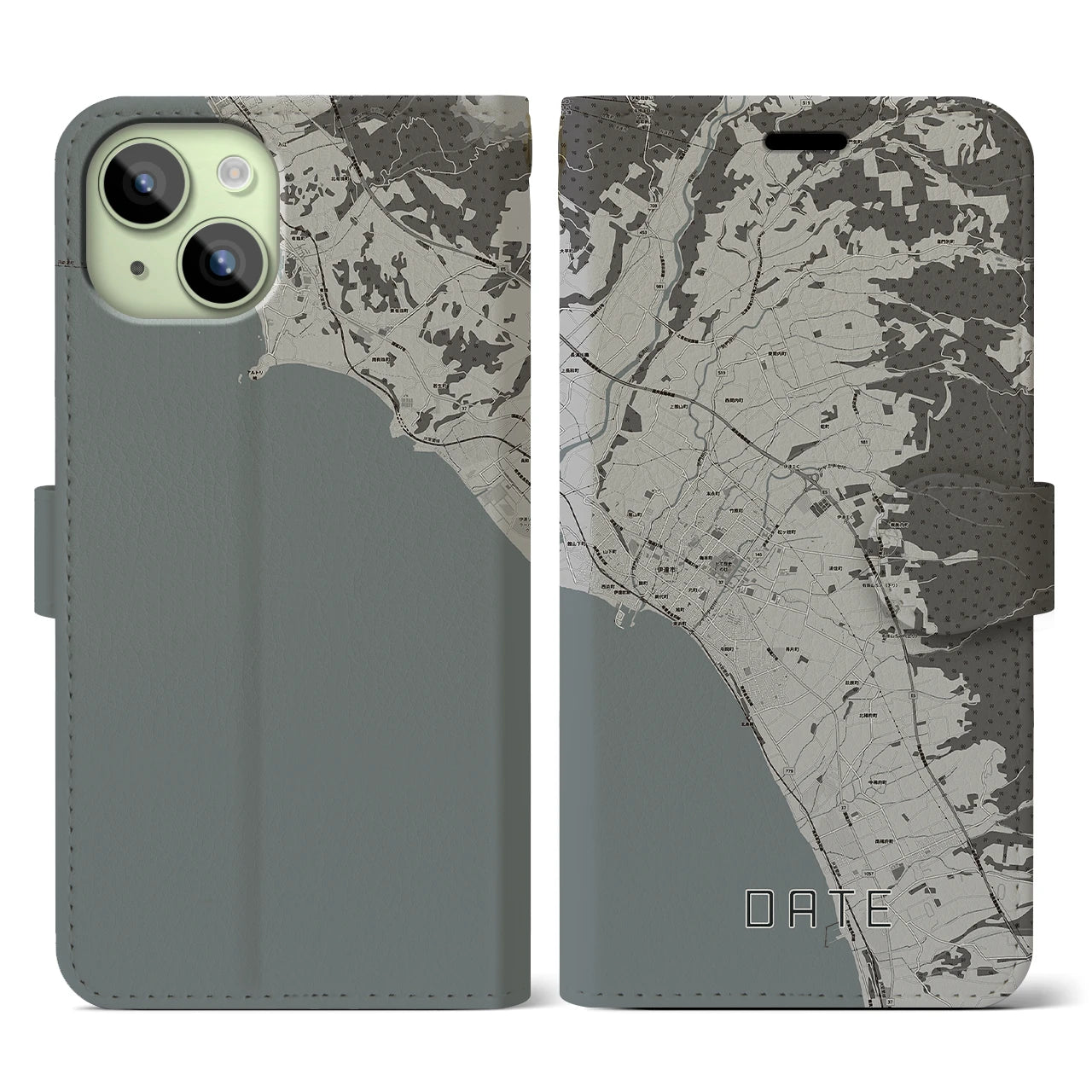 【伊達(北海道)】地図柄iPhoneケース(手帳タイプ)モノトーン・iPhone 15 用