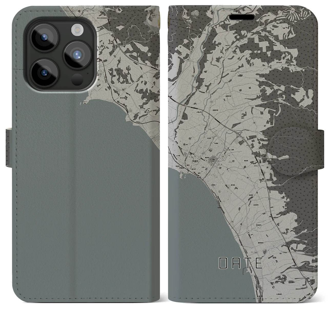 【伊達(北海道)】地図柄iPhoneケース(手帳タイプ)モノトーン・iPhone 15 Pro Max 用