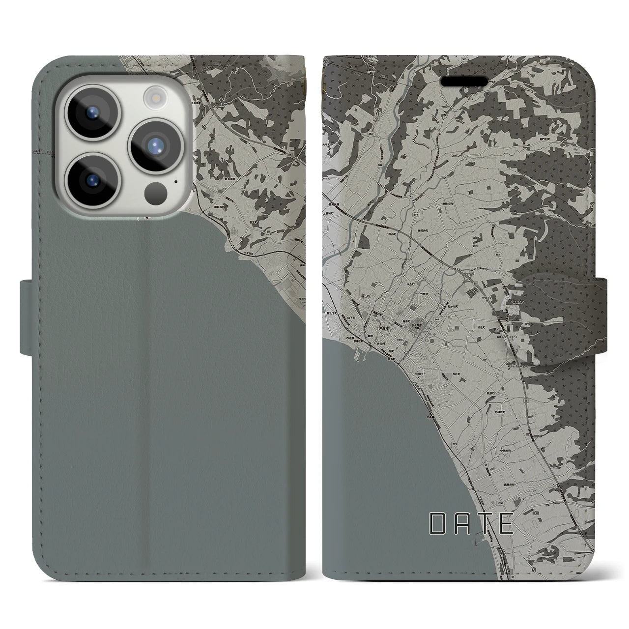 【伊達(北海道)】地図柄iPhoneケース(手帳タイプ)モノトーン・iPhone 15 Pro 用