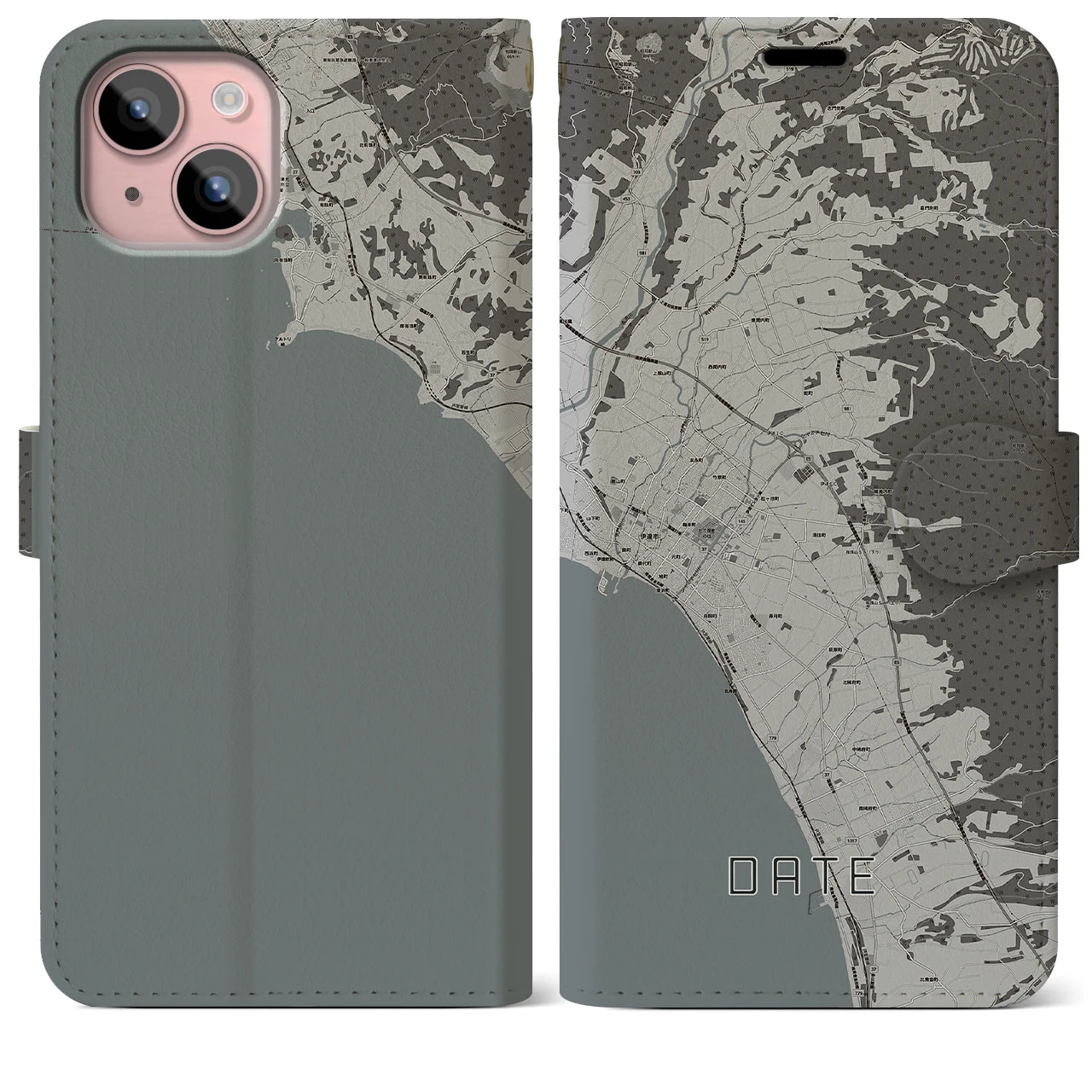 【伊達(北海道)】地図柄iPhoneケース(手帳タイプ)モノトーン・iPhone 15 Plus 用