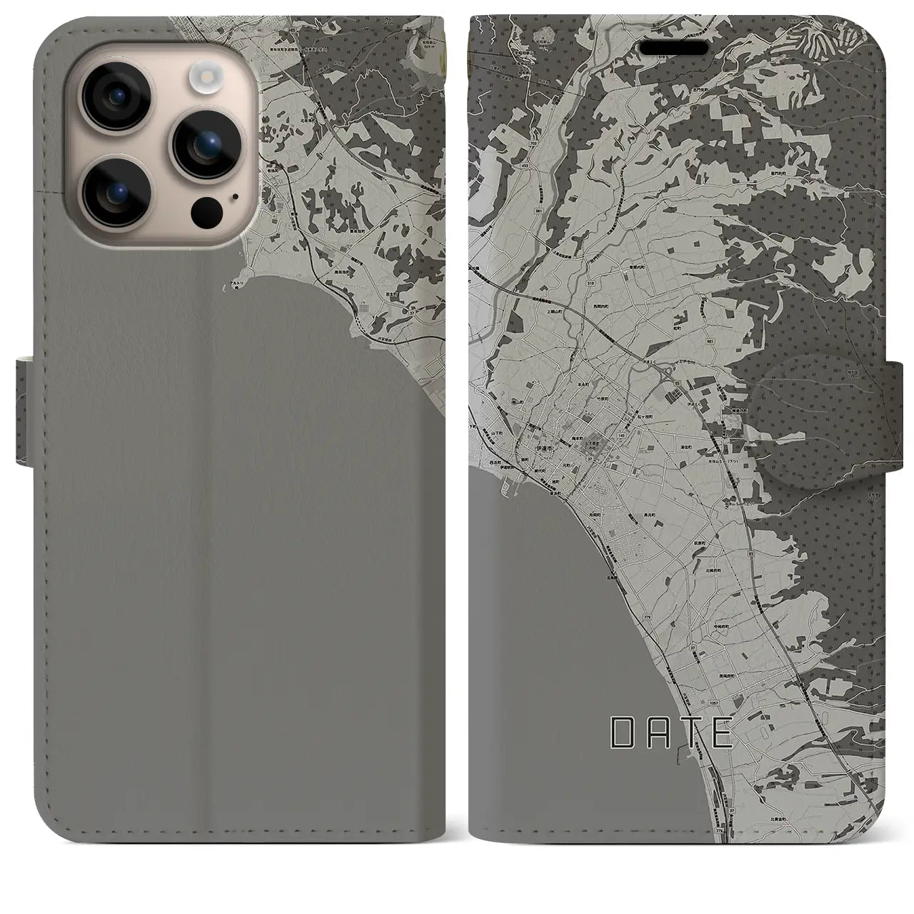 【伊達(北海道)】地図柄iPhoneケース(手帳タイプ)モノトーン・iPhone 16 Plus 用