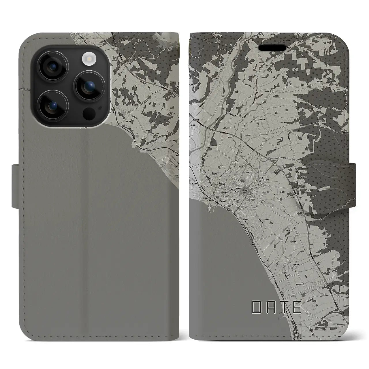 【伊達(北海道)】地図柄iPhoneケース(手帳タイプ)モノトーン・iPhone 16 用