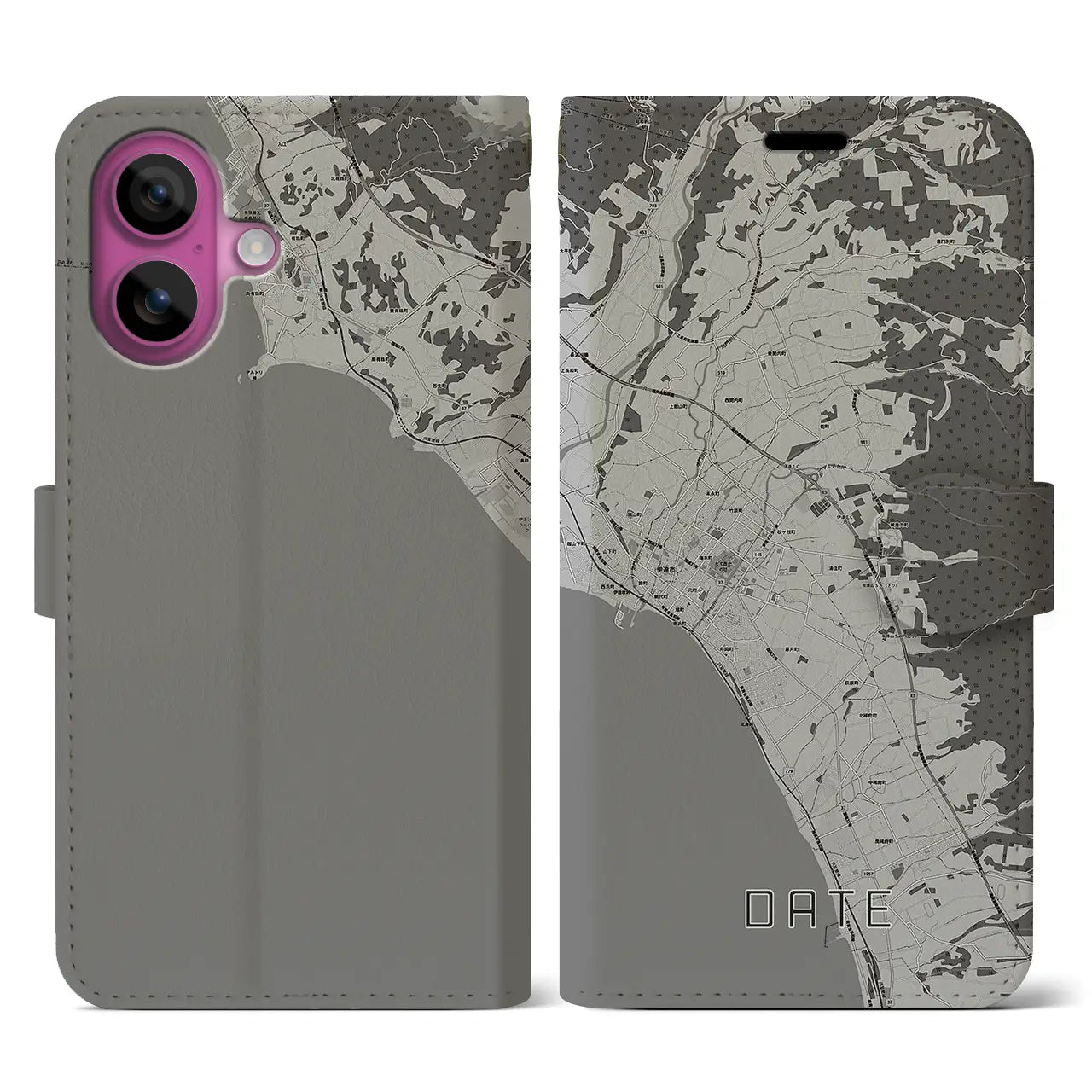 【伊達(北海道)】地図柄iPhoneケース(手帳タイプ)モノトーン・iPhone 16 Pro 用