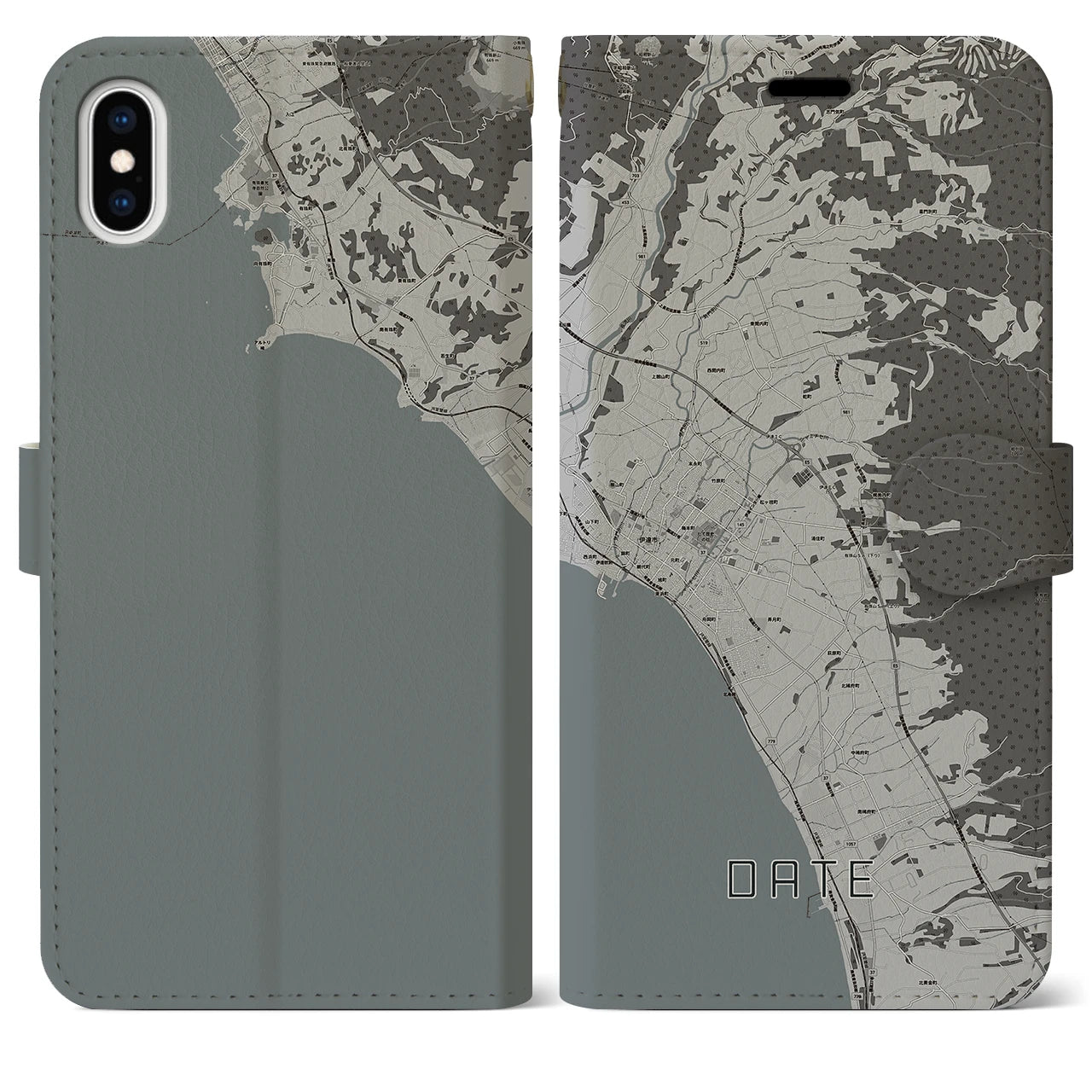 【伊達(北海道)】地図柄iPhoneケース(手帳タイプ)モノトーン・iPhone XS Max 用