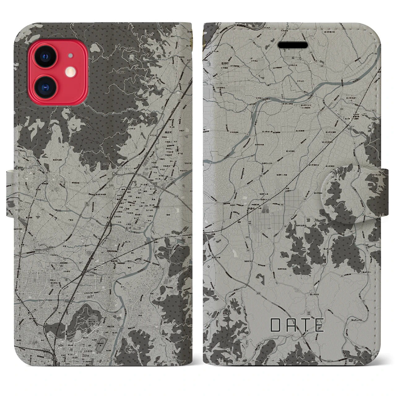 【伊達(福島県)】地図柄iPhoneケース(手帳タイプ)モノトーン・iPhone 11 用
