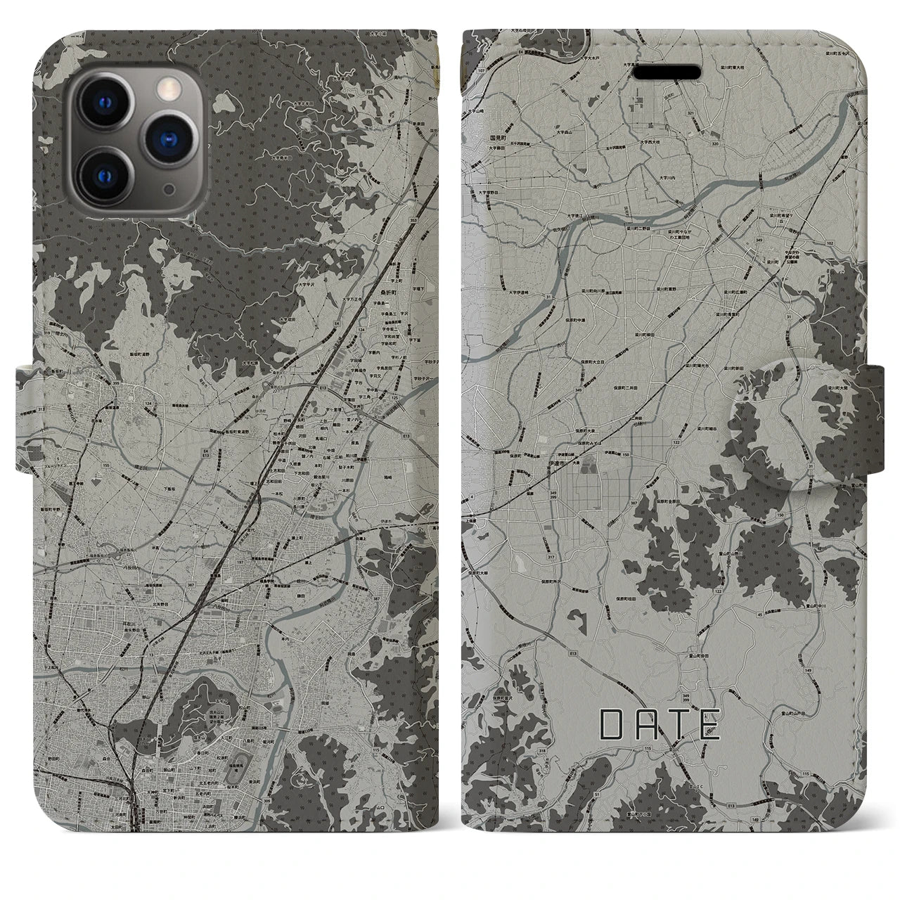 【伊達(福島県)】地図柄iPhoneケース(手帳タイプ)モノトーン・iPhone 11 Pro Max 用