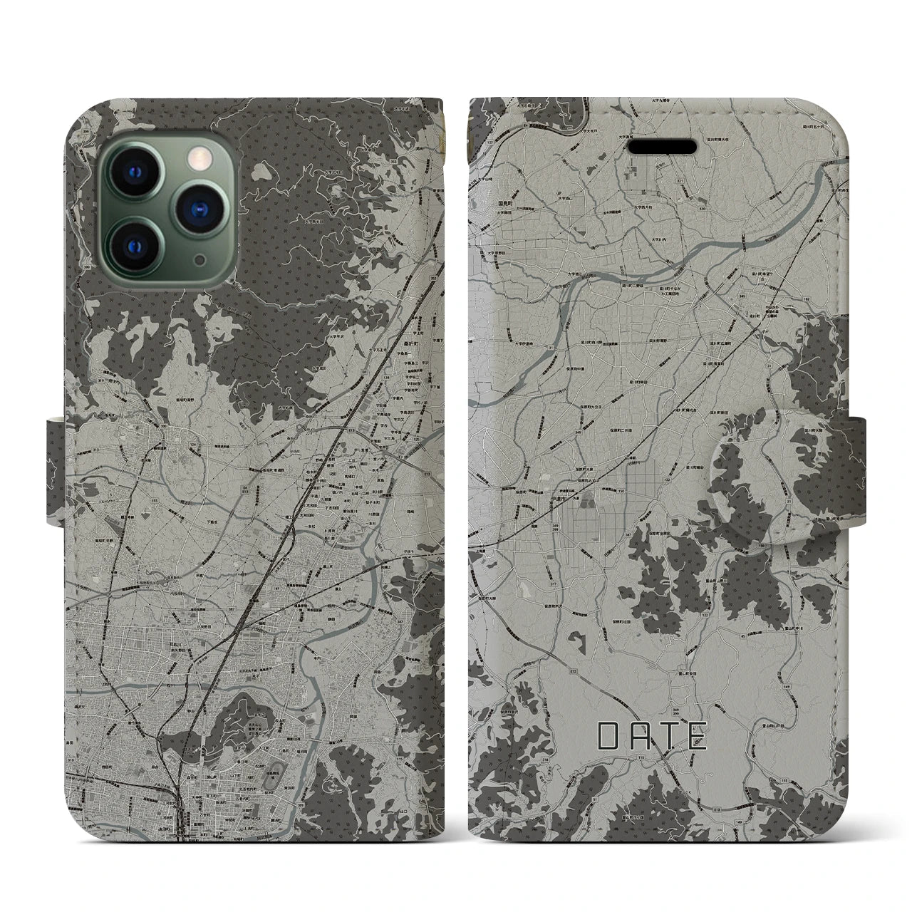 【伊達(福島県)】地図柄iPhoneケース(手帳タイプ)モノトーン・iPhone 11 Pro 用