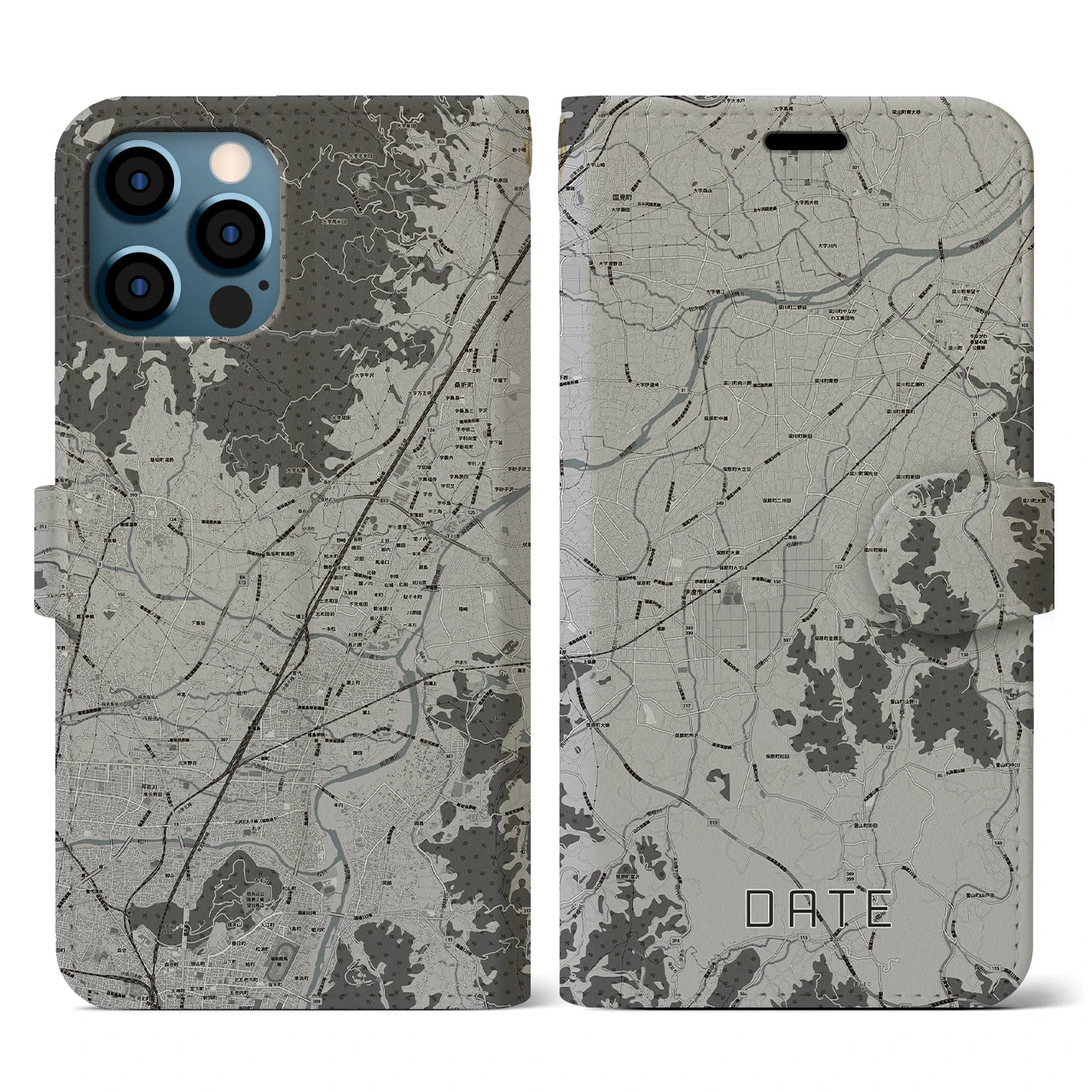 【伊達(福島県)】地図柄iPhoneケース(手帳タイプ)モノトーン・iPhone 12 / 12 Pro 用