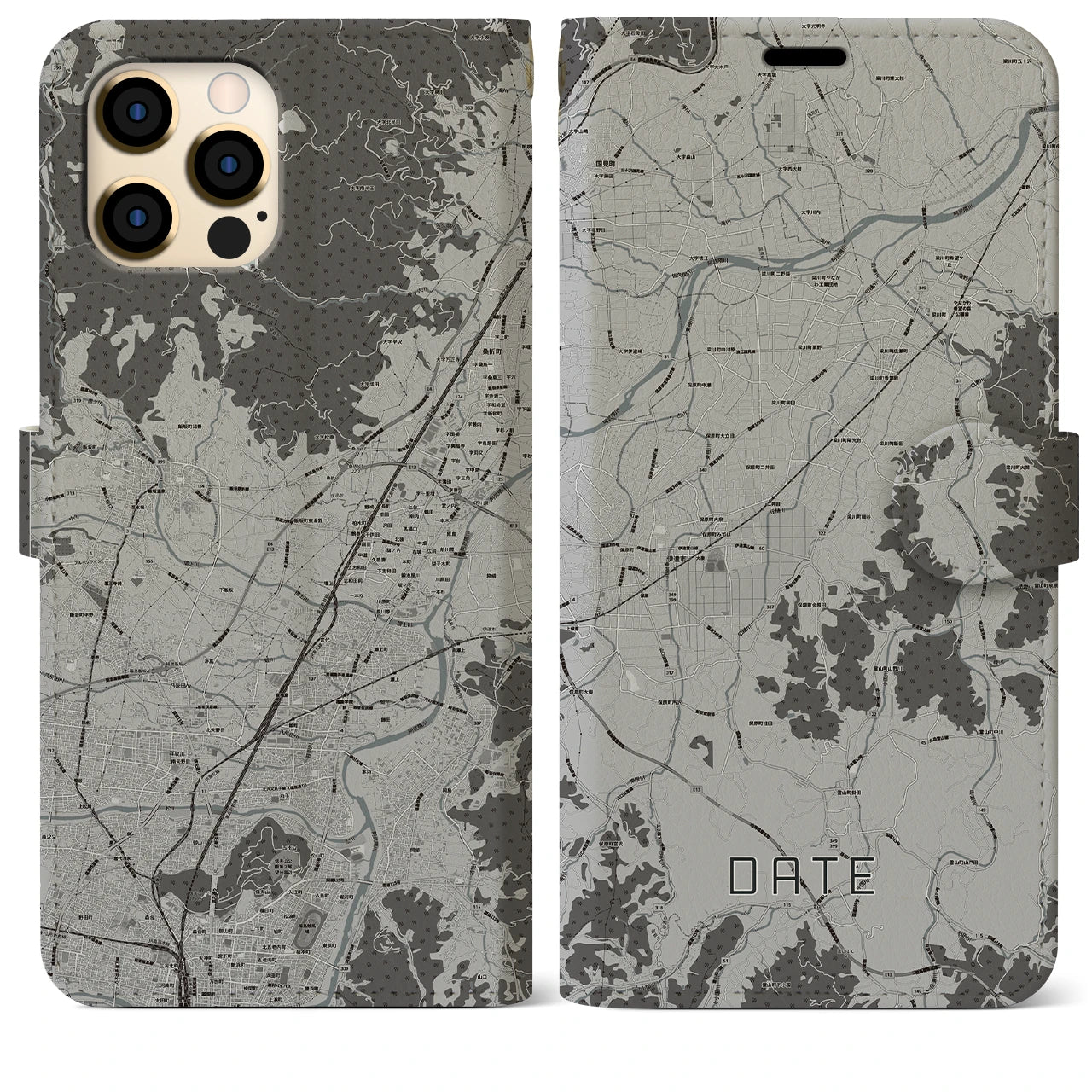 【伊達(福島県)】地図柄iPhoneケース(手帳タイプ)モノトーン・iPhone 12 Pro Max 用