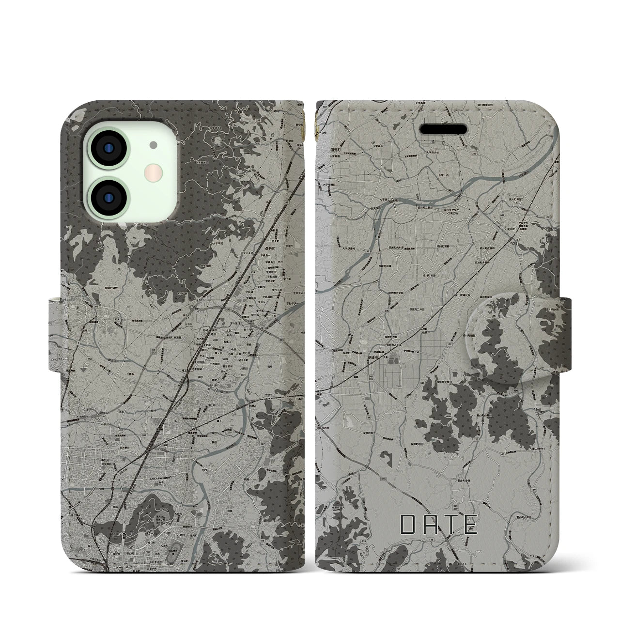【伊達(福島県)】地図柄iPhoneケース(手帳タイプ)モノトーン・iPhone 12 mini 用