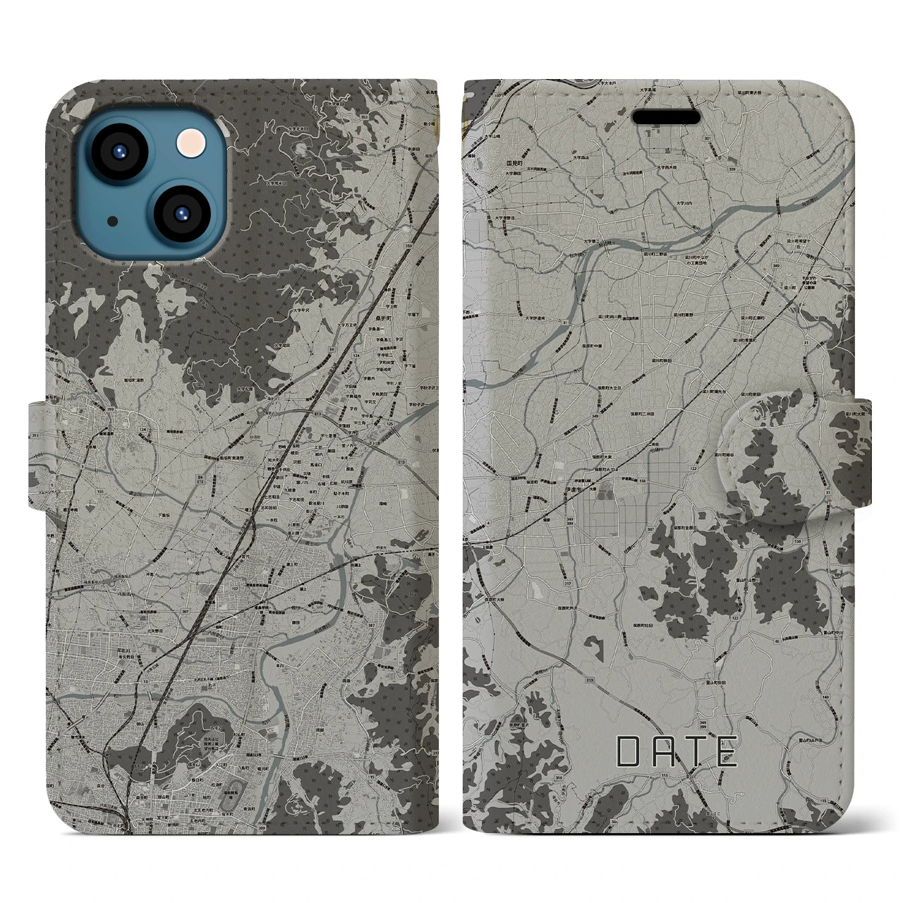 【伊達(福島県)】地図柄iPhoneケース(手帳タイプ)モノトーン・iPhone 13 用