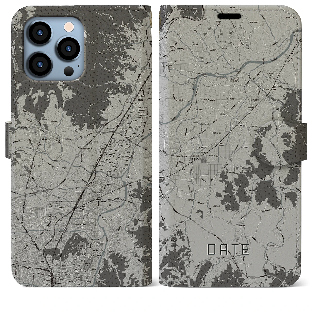 【伊達(福島県)】地図柄iPhoneケース(手帳タイプ)モノトーン・iPhone 13 Pro Max 用