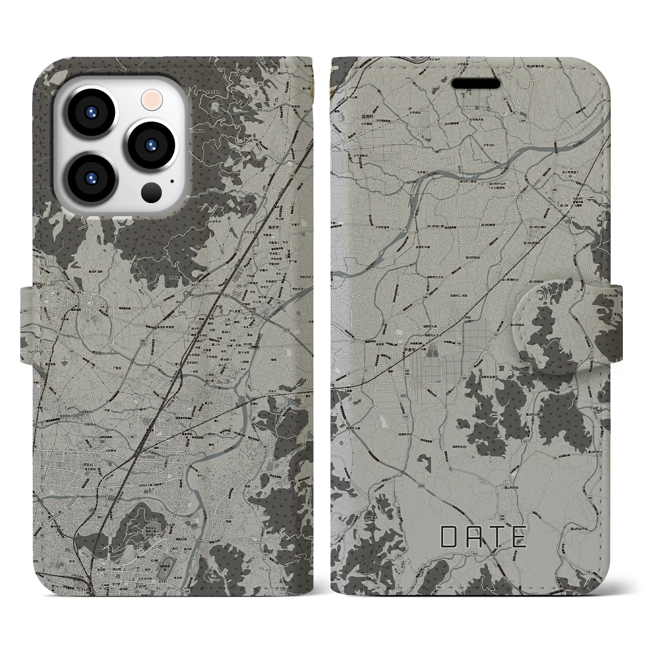 【伊達(福島県)】地図柄iPhoneケース(手帳タイプ)モノトーン・iPhone 13 Pro 用