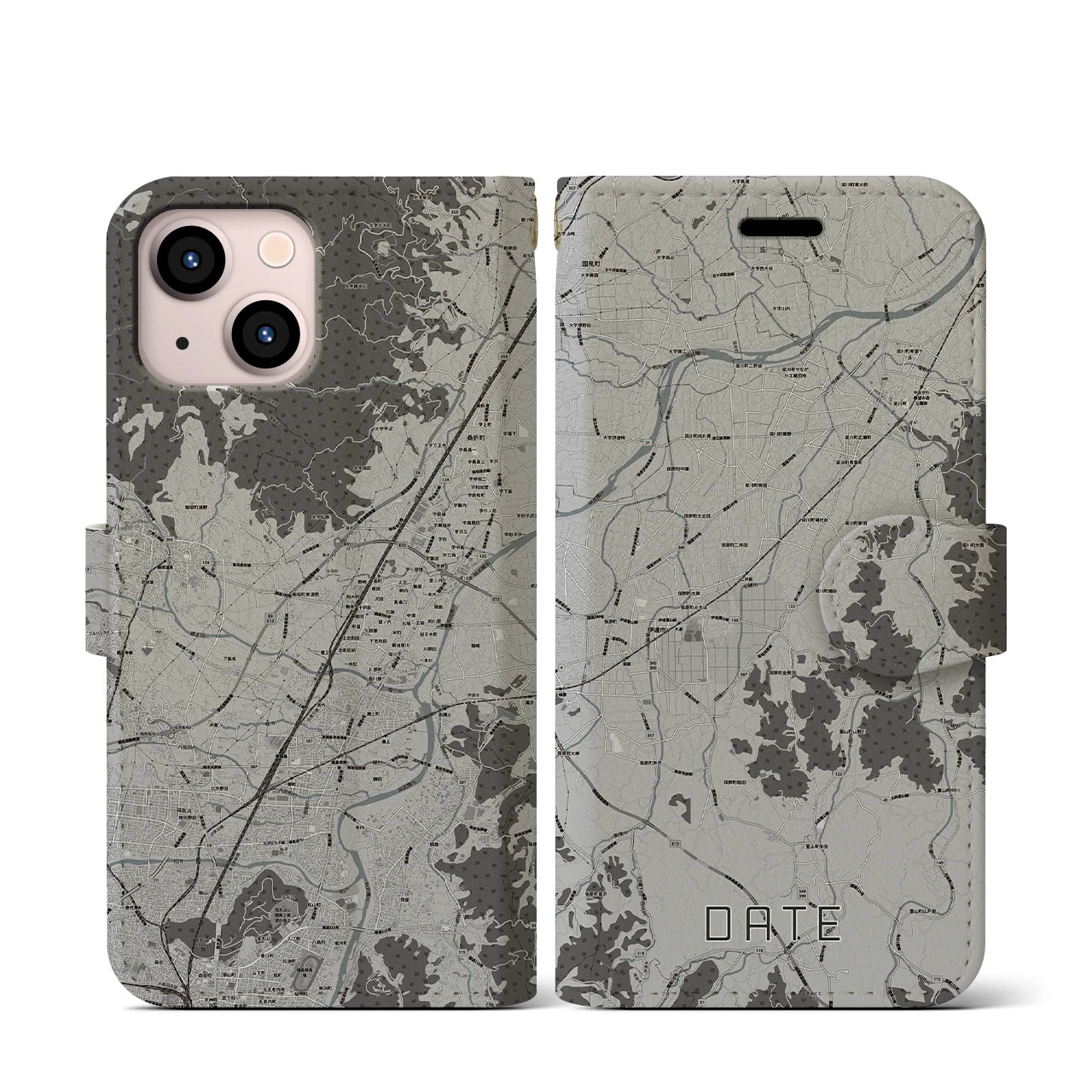 【伊達(福島県)】地図柄iPhoneケース(手帳タイプ)モノトーン・iPhone 13 mini 用