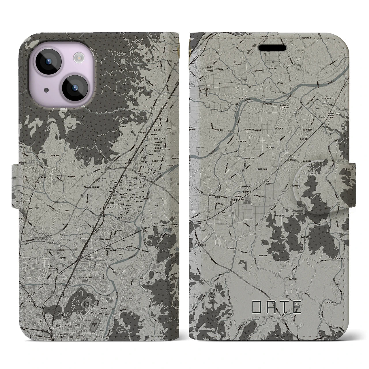 【伊達(福島県)】地図柄iPhoneケース(手帳タイプ)モノトーン・iPhone 14 用
