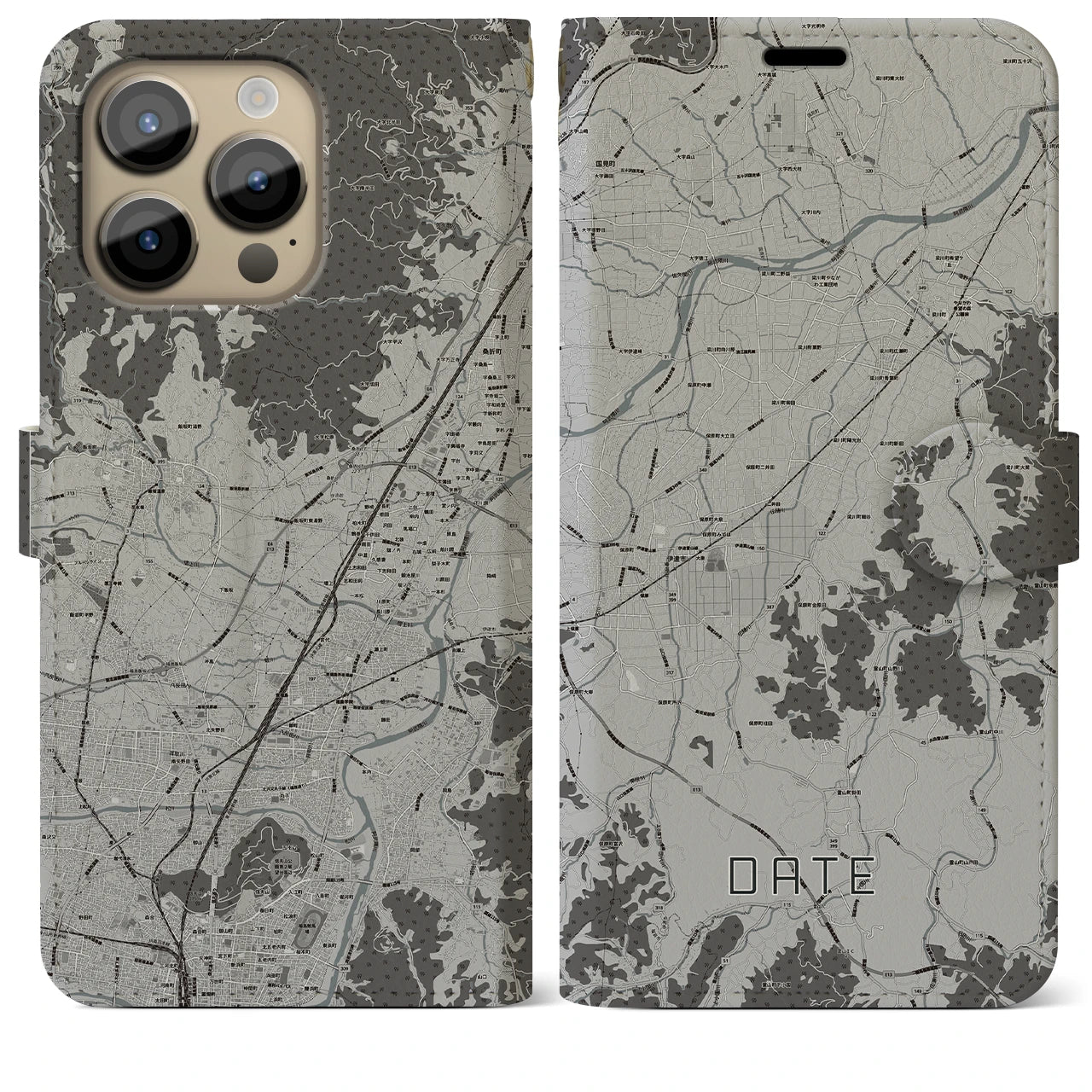 【伊達(福島県)】地図柄iPhoneケース(手帳タイプ)モノトーン・iPhone 14 Pro Max 用