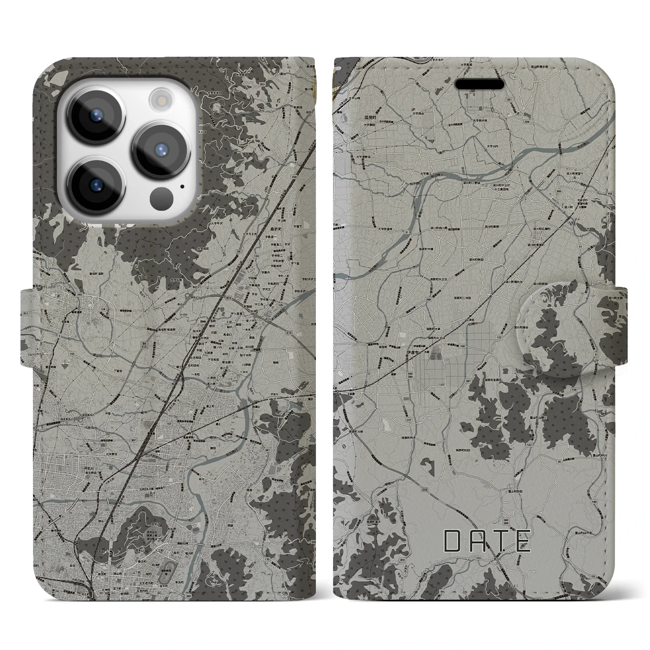 【伊達(福島県)】地図柄iPhoneケース(手帳タイプ)モノトーン・iPhone 14 Pro 用