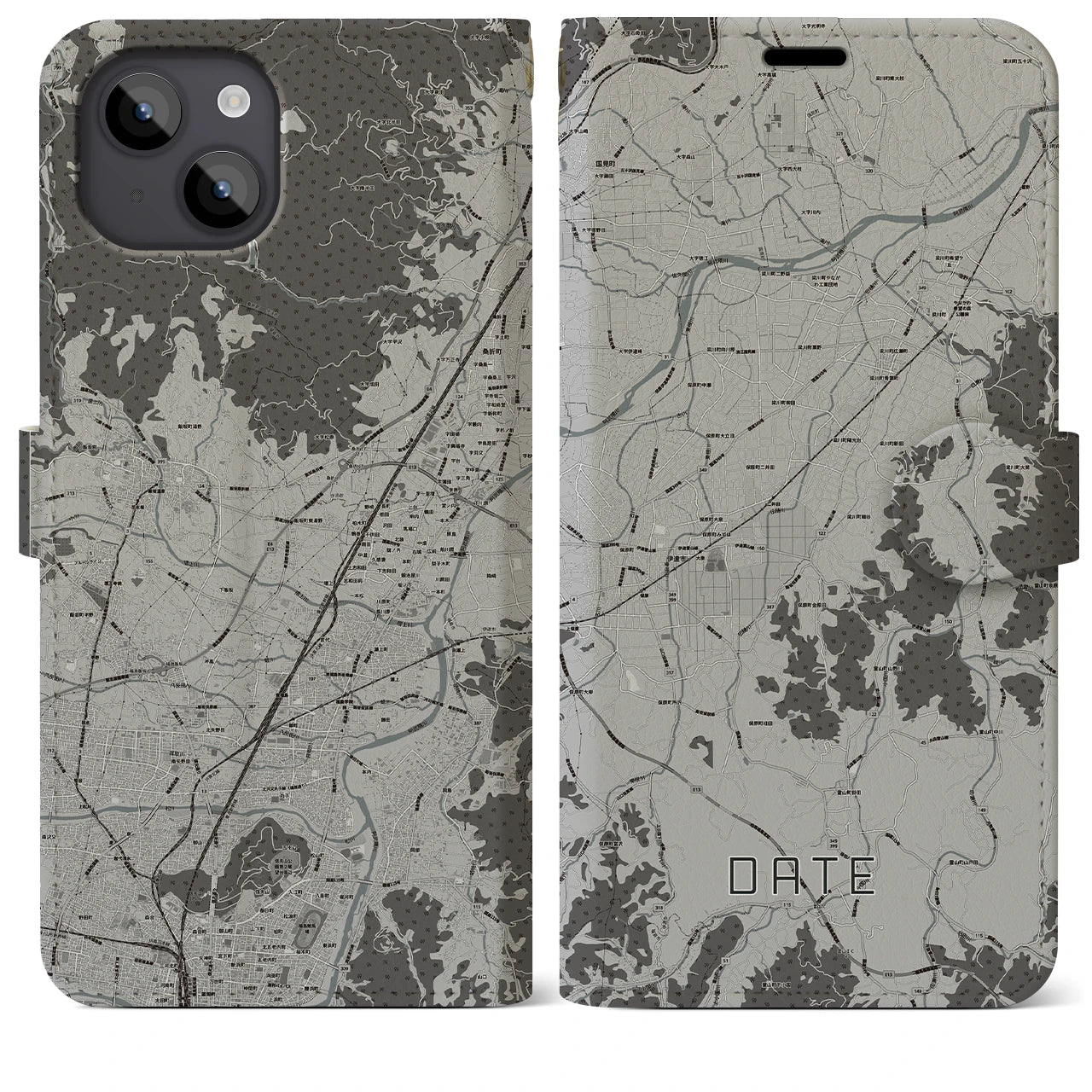 【伊達(福島県)】地図柄iPhoneケース(手帳タイプ)モノトーン・iPhone 14 Plus 用