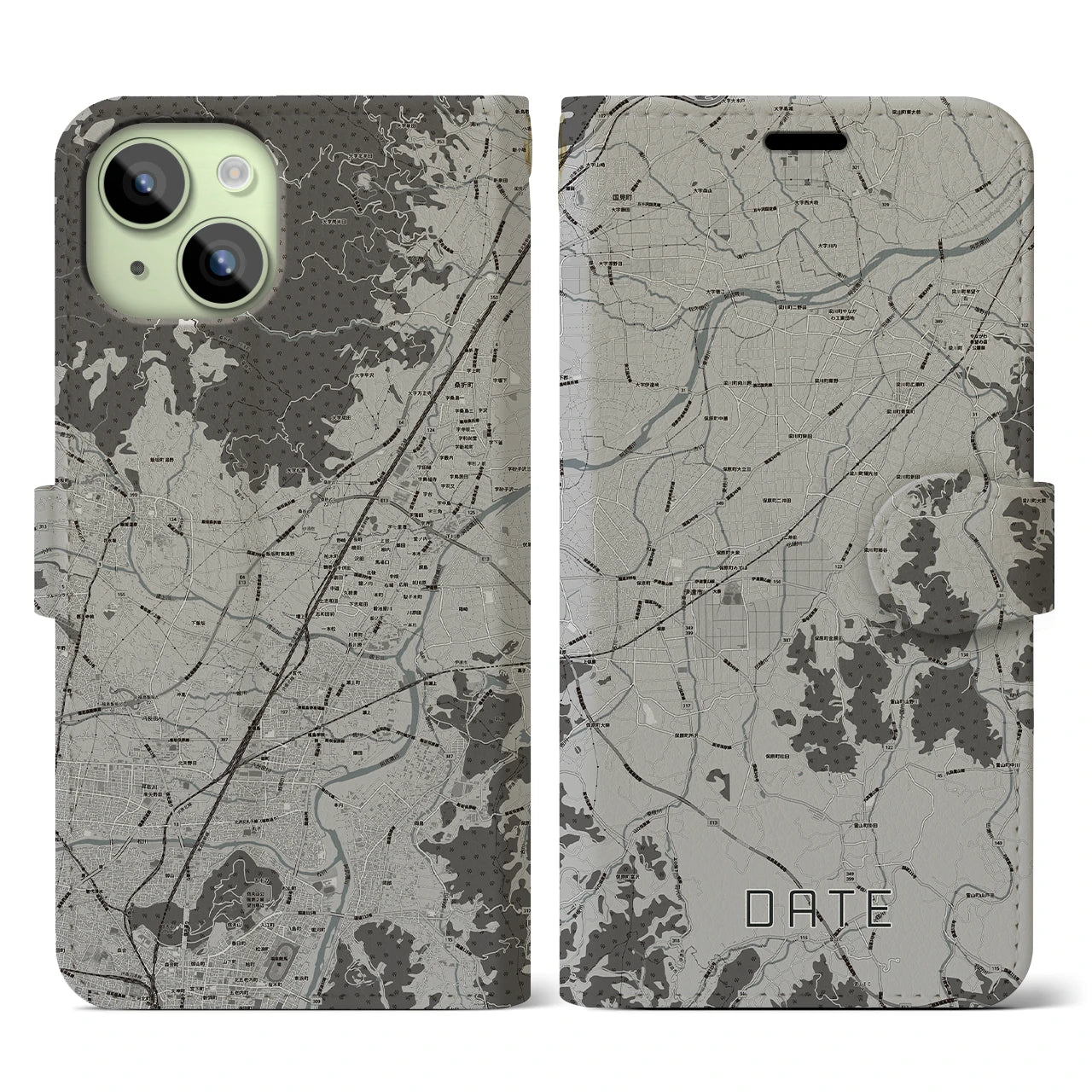 【伊達(福島県)】地図柄iPhoneケース(手帳タイプ)モノトーン・iPhone 15 用