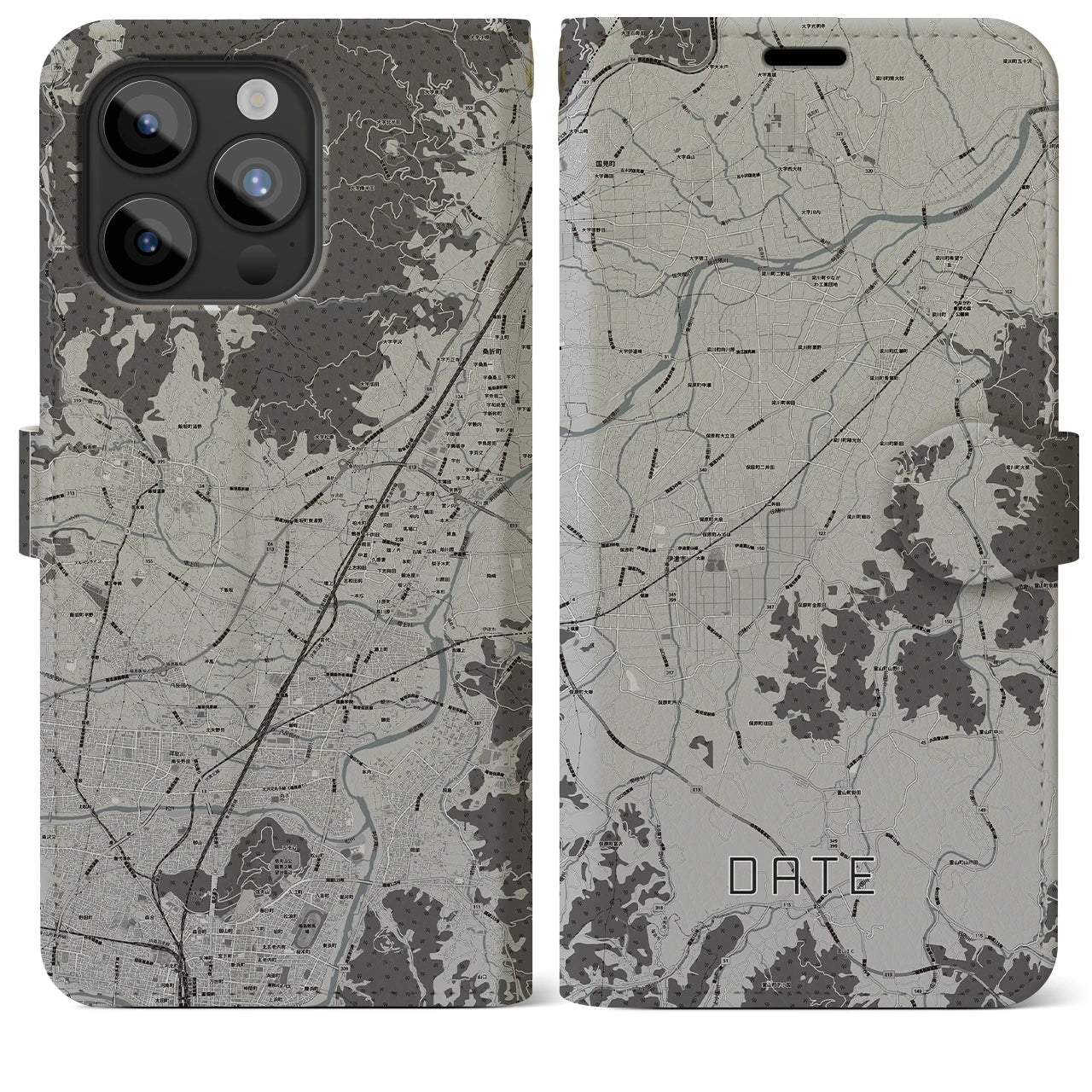 【伊達(福島県)】地図柄iPhoneケース(手帳タイプ)モノトーン・iPhone 15 Pro Max 用